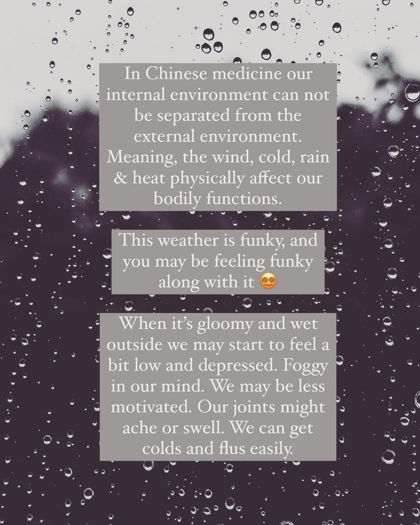 Don&rsquo;t let this wet weather get you down. Use these tips based on Chinese medicine theory to keep the damp out 🌧 
.
What tips have you got for staying positive and motivated when it&rsquo;s so damn gloomy out side? 🙏🏼
.
.
.
.
#acupuncturegold