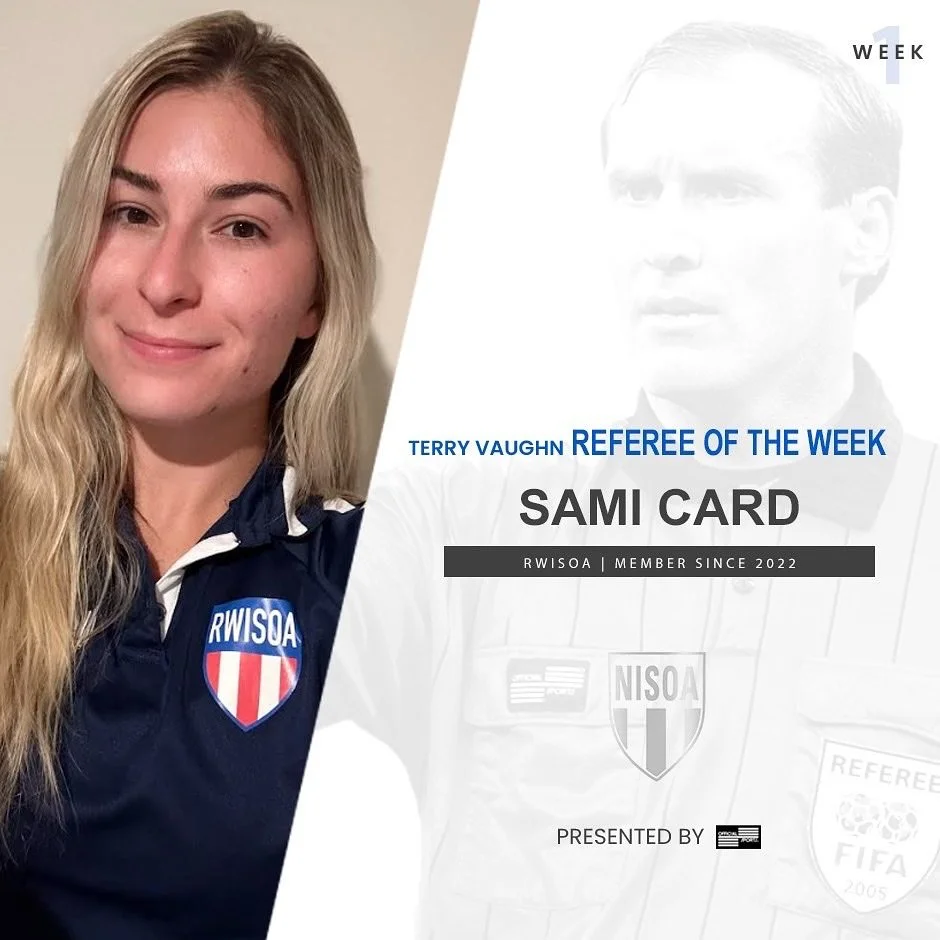 Congratulations to Sami Card on being selected as the Week 1 Terry Vaughn Referee of the Week Award Winner! 

#NISOA #TVRefOfTheWk