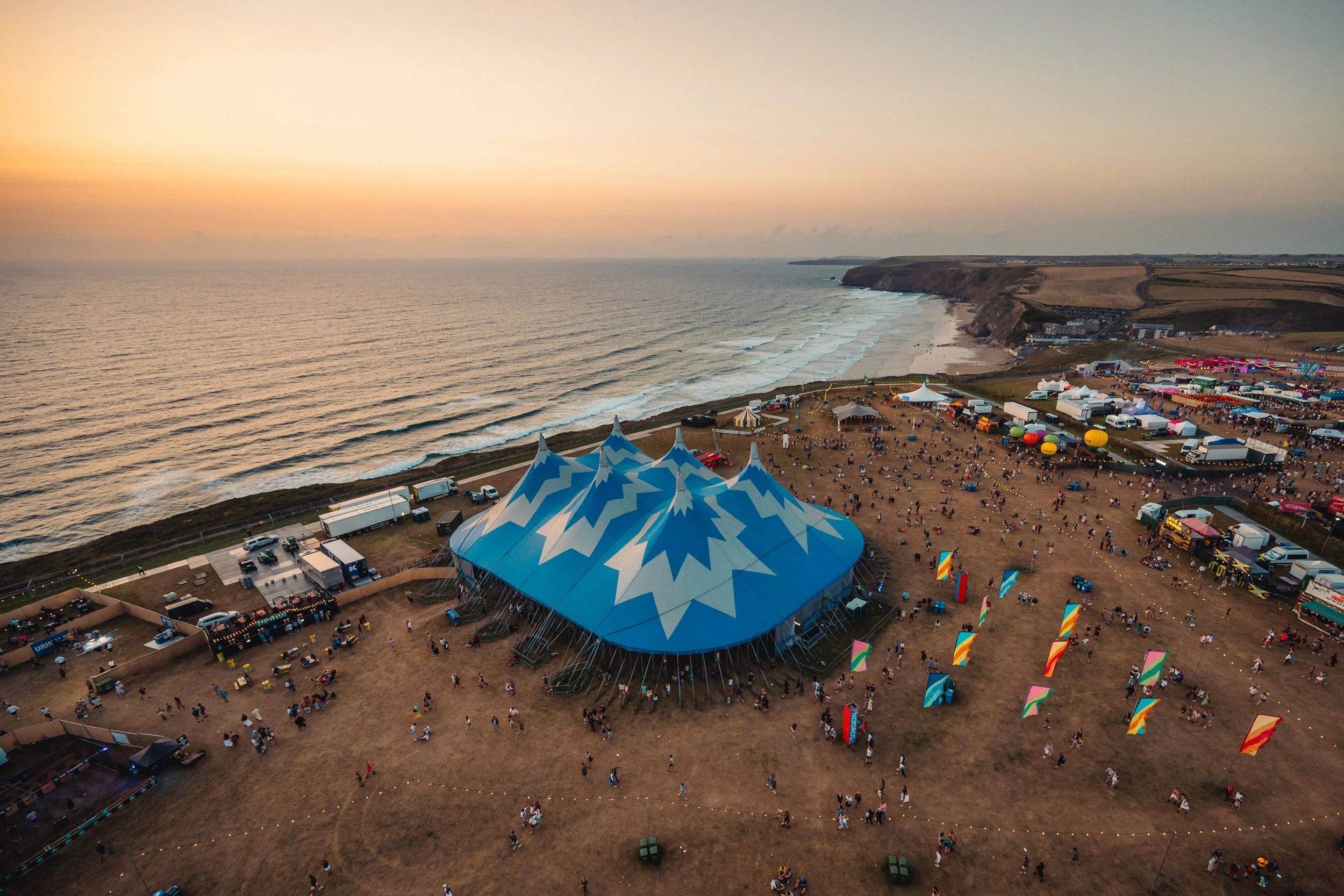 Aerial photograph of Boardmasters festival on the cornish coast.