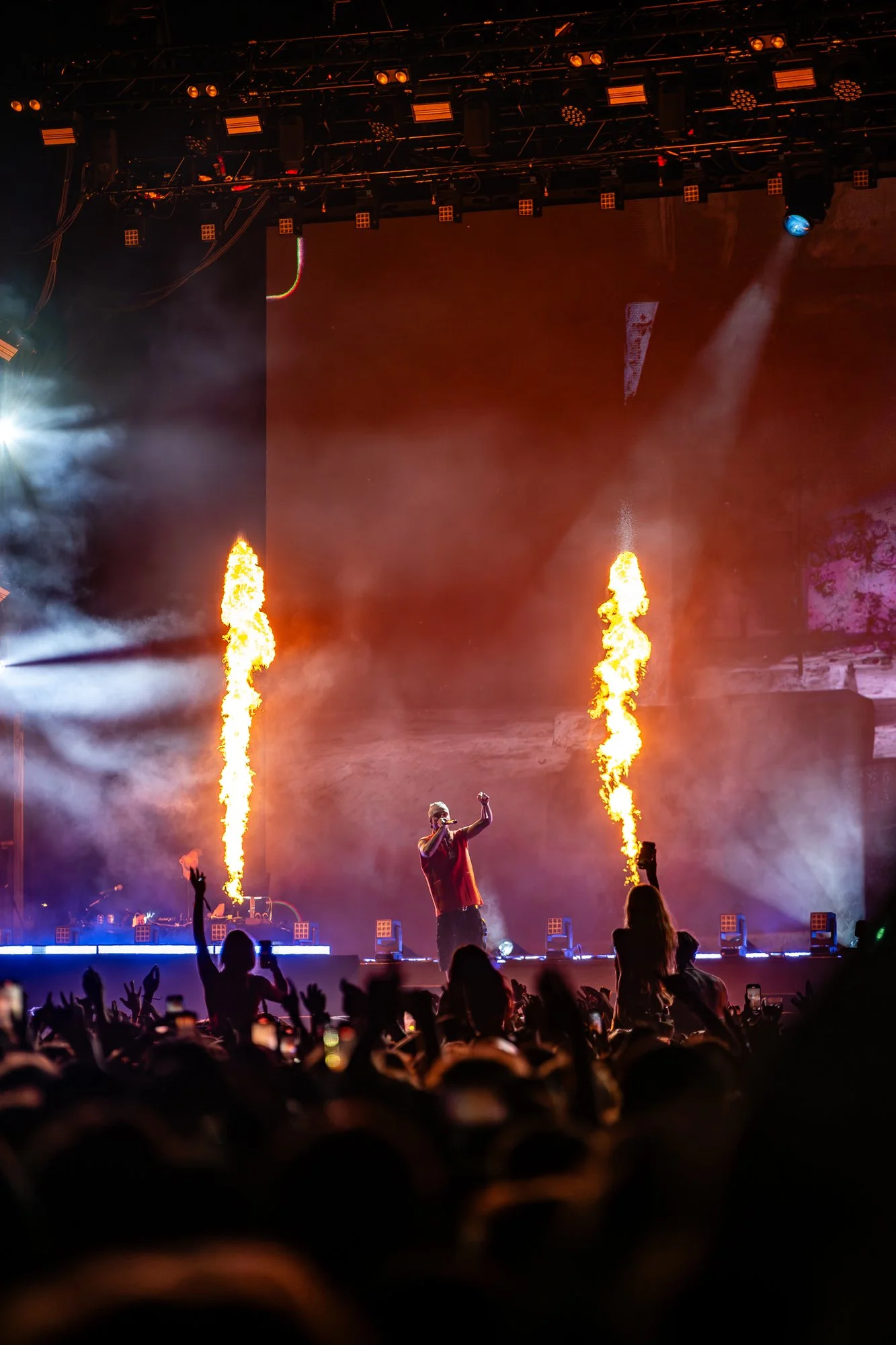 Central Cee performing on the Boardmasters Mainstage with fire pyro. Music photographer