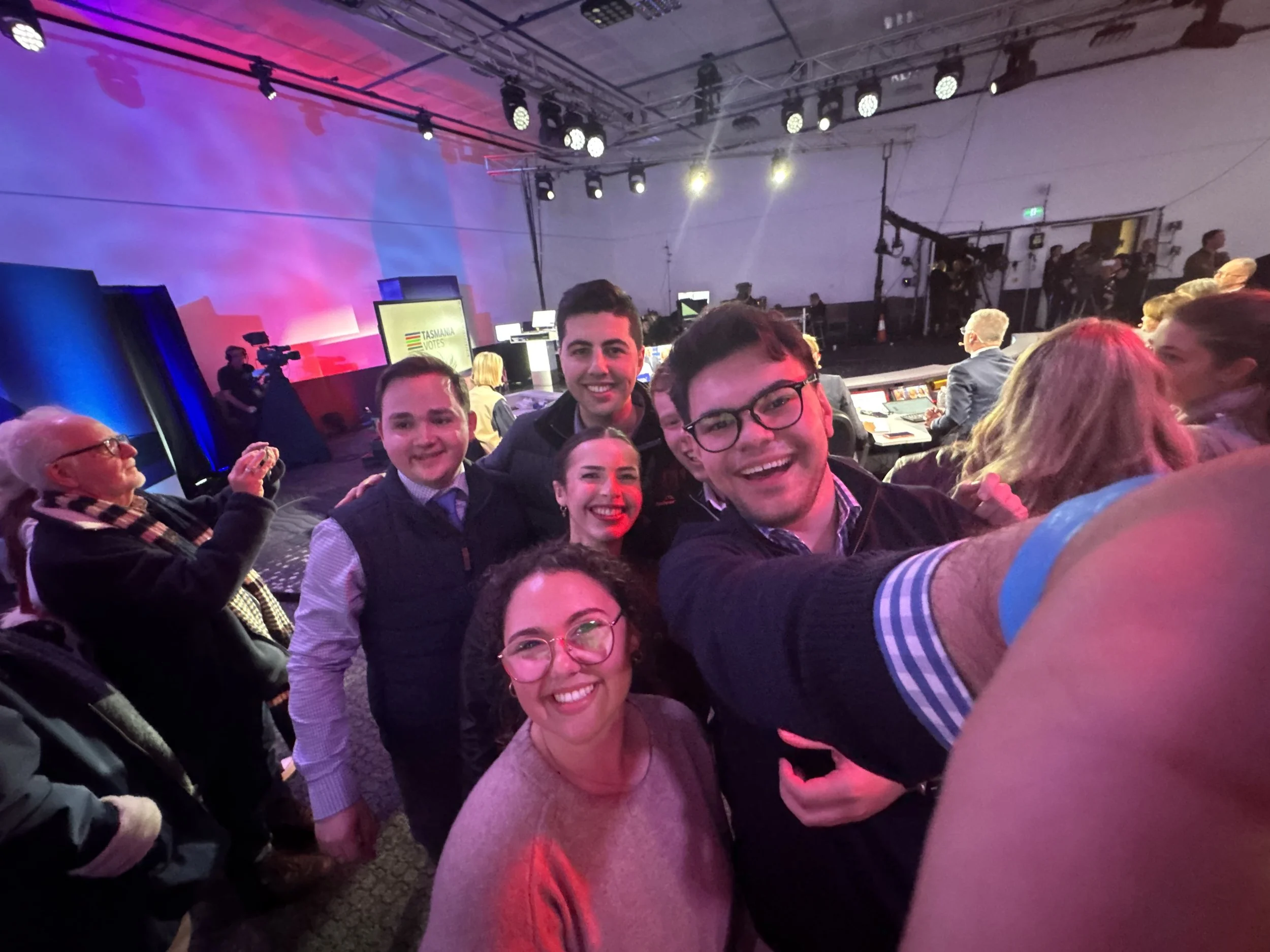 YL EDOs from around Australia in the 2025 Tasmanian Election Tally Room, behind the ABC's live election studio, Hobart, July 2025