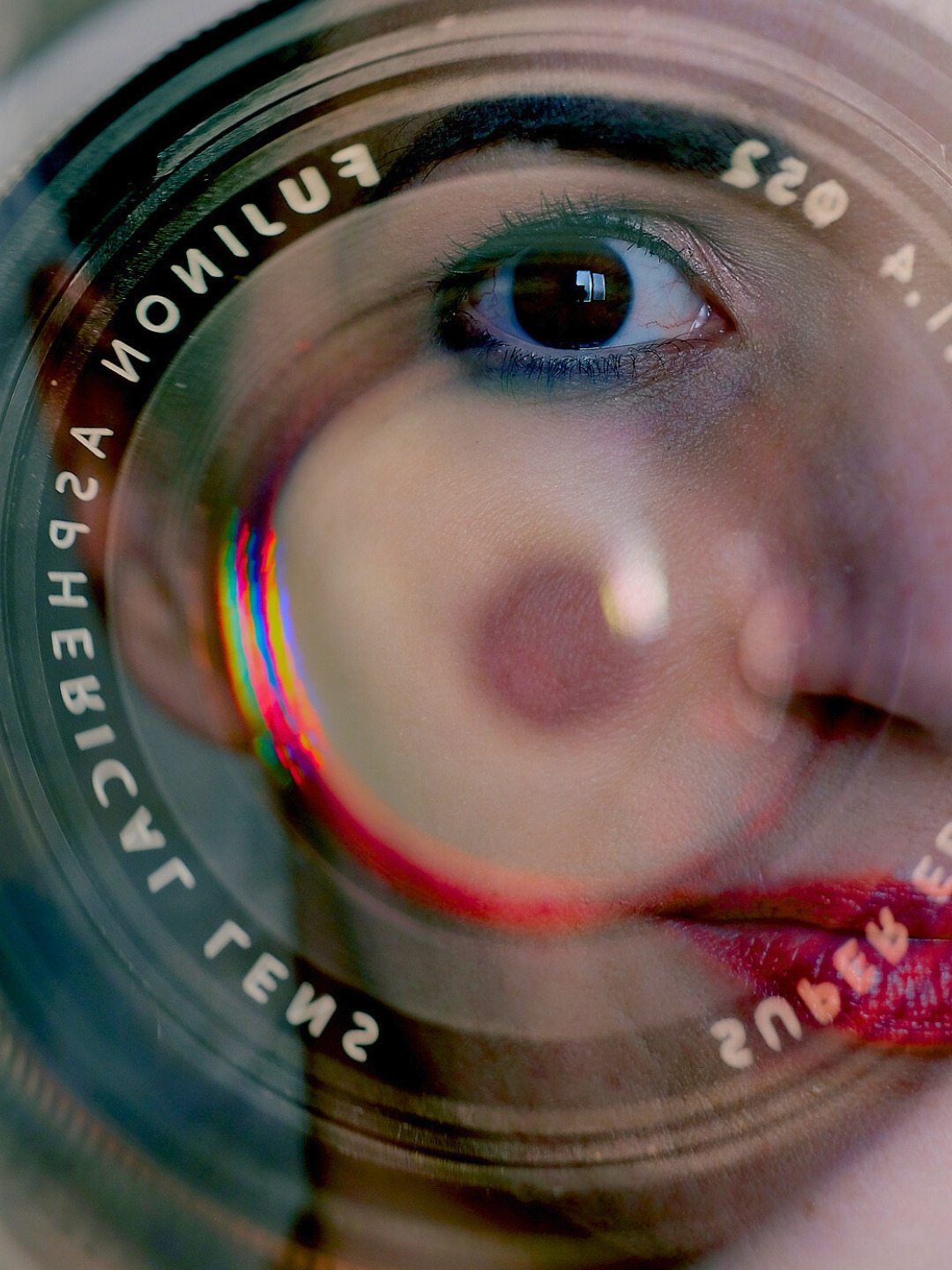 Close-up shot of a person's eye and nose seen through a camera lens.