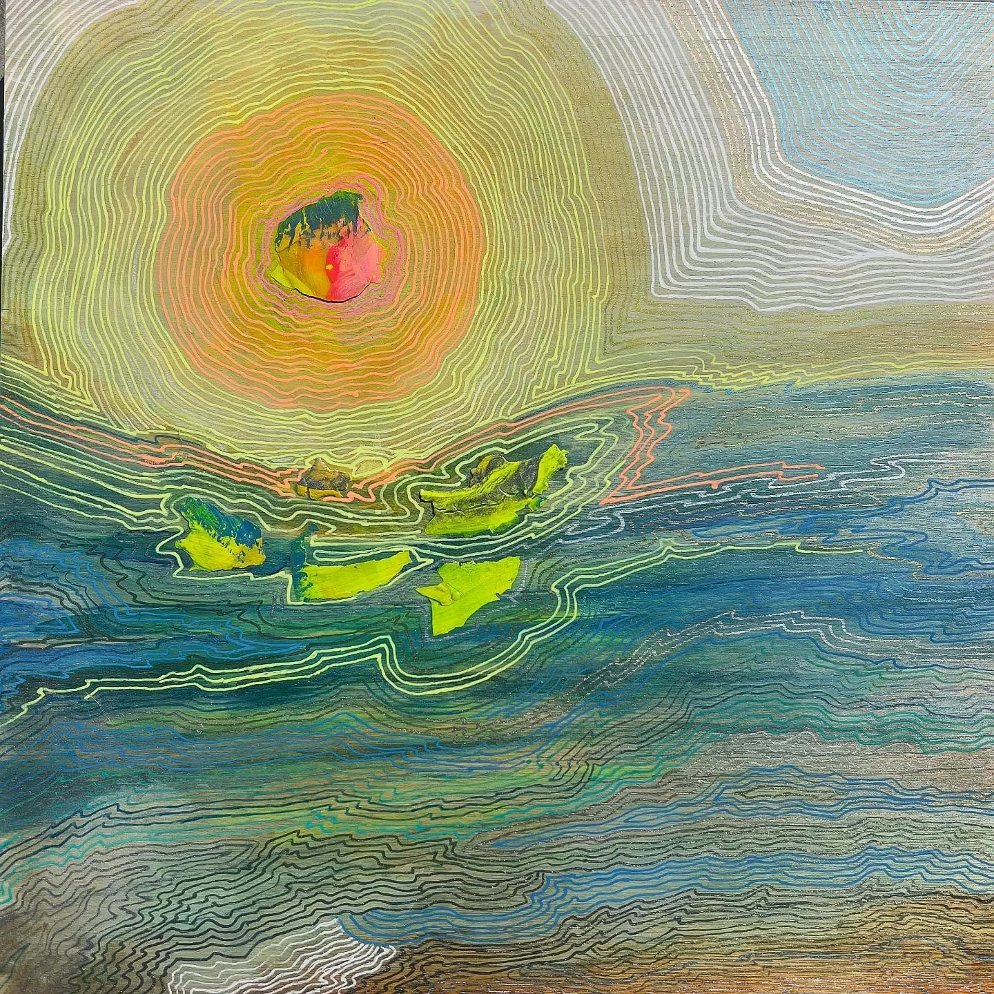 the sun is calling. 
12&rdquo; x 12&rdquo;
acrylic, ink, pen &amp; paint scraps on wood board