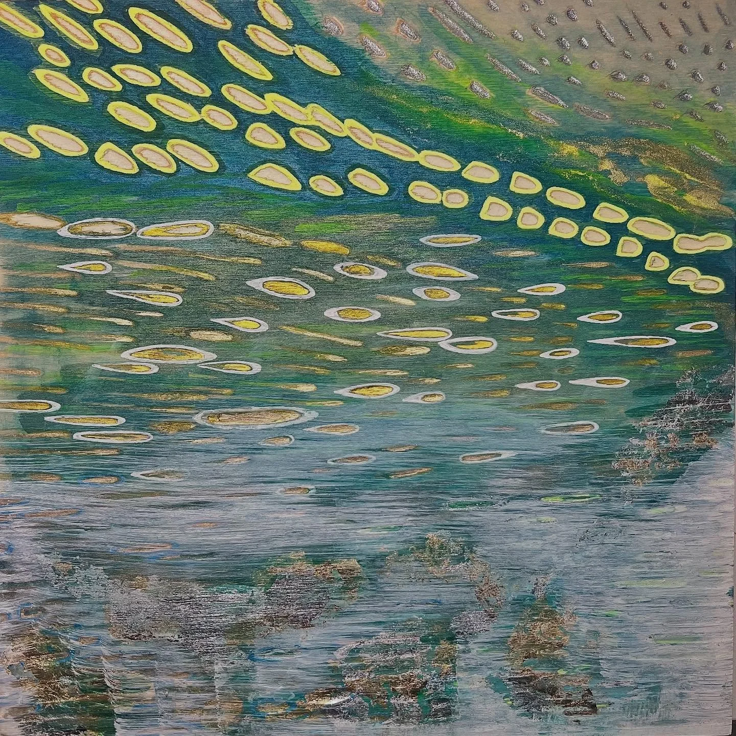 emerald heart.
acrylic, ink, pen, gold &amp; silver leaf
12&rdquo; x 12&rdquo;