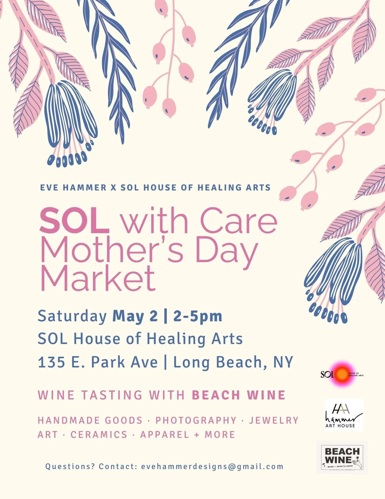 Join us this Saturday for the SOL with Care | Mother&rsquo;s Day Market 🌸✨

A curated lineup of local vendors, handmade goods, and a wine tasting with @beachwinelbny 🍷

Saturday, May 2 | 2-5pm
@solhouseofhealingarts 💚
135 E. Park Ave, Long Beach

