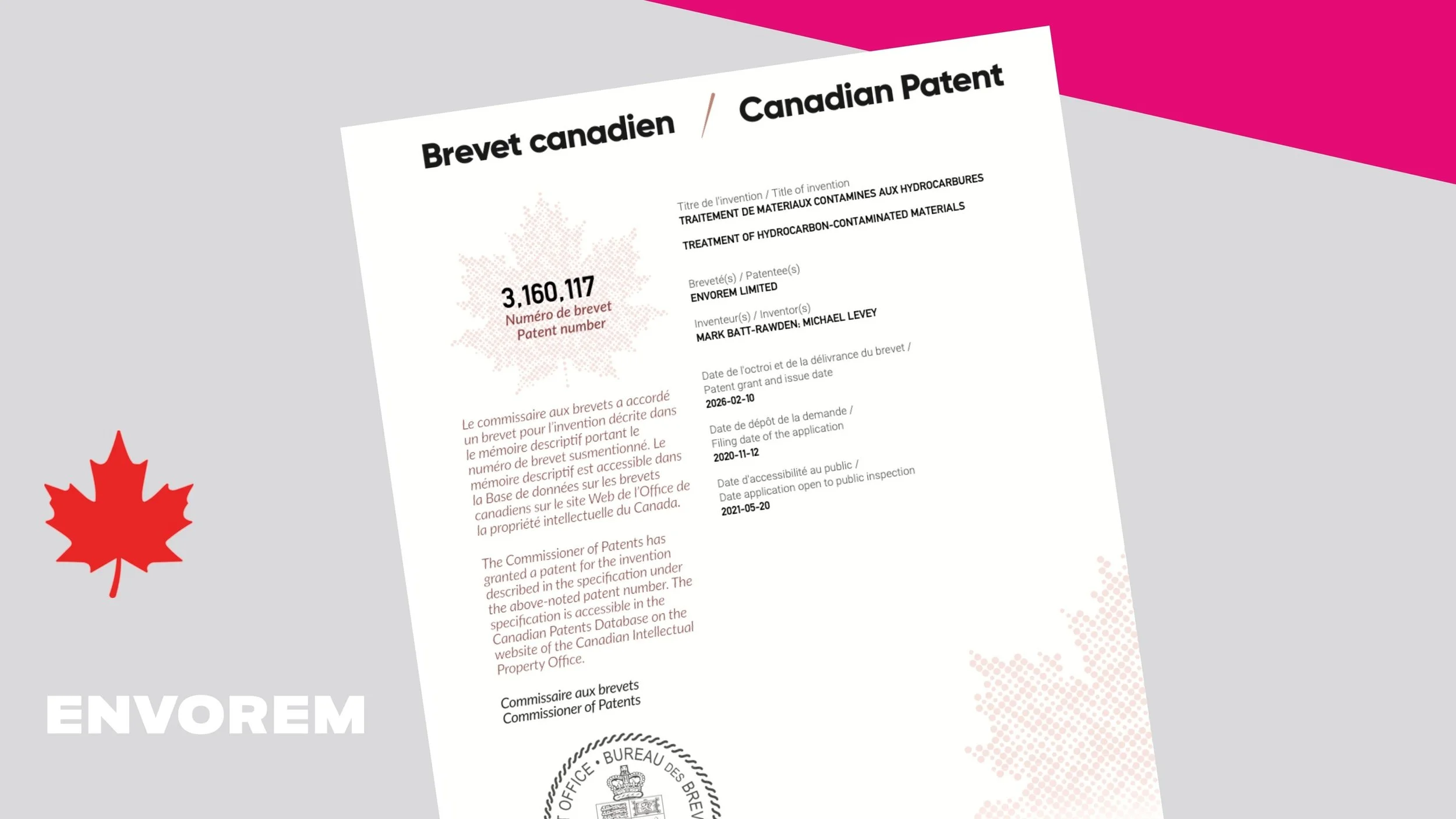 Envorem Secures Third Patent, in Canada, Strengthening Its Global IP Portfolio