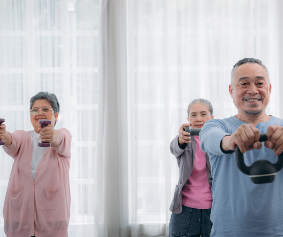 Three older adults use light weights to do upper body exercise similar to Corona Station Physical Therapy's group class