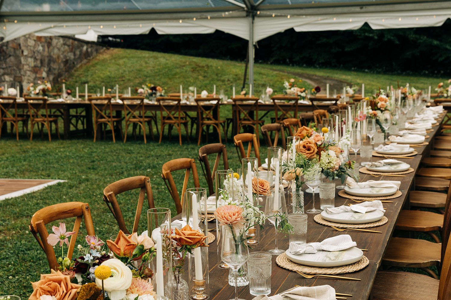  table settings at a backyard wedding in western massachusetts 