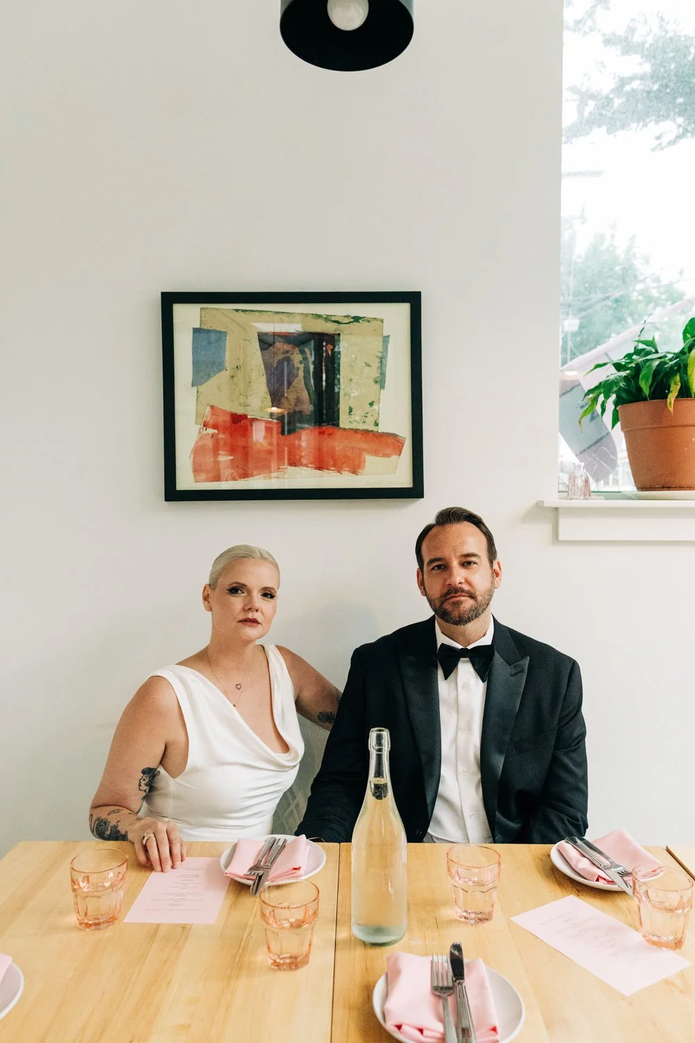 Portrait of a bride and groom during their small wedding celebration at Juliet in Somerville, Massachusetts.