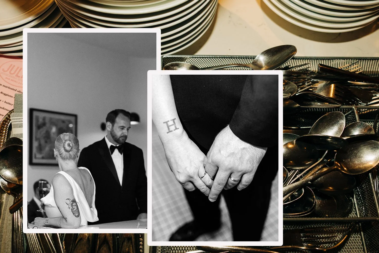 A couple waits at the bar and holds hands during their small wedding at Juliet in Somerville, Massachusetts.