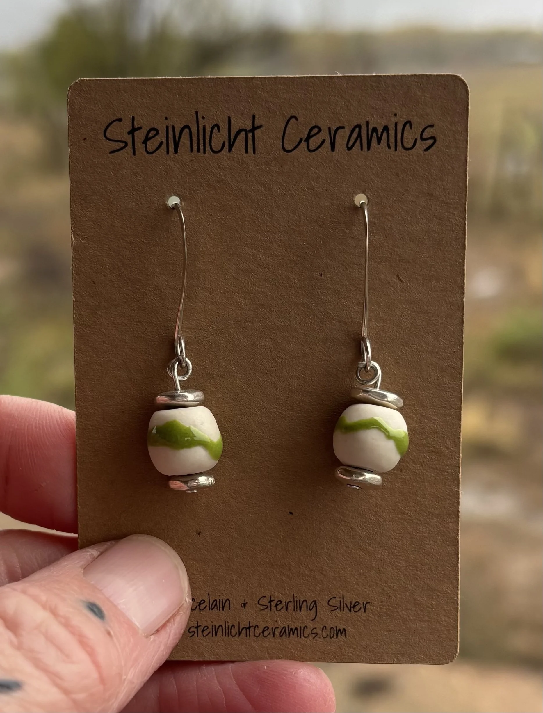 Porcelain Bead Earrings With Lime Green Squiggle Glaze