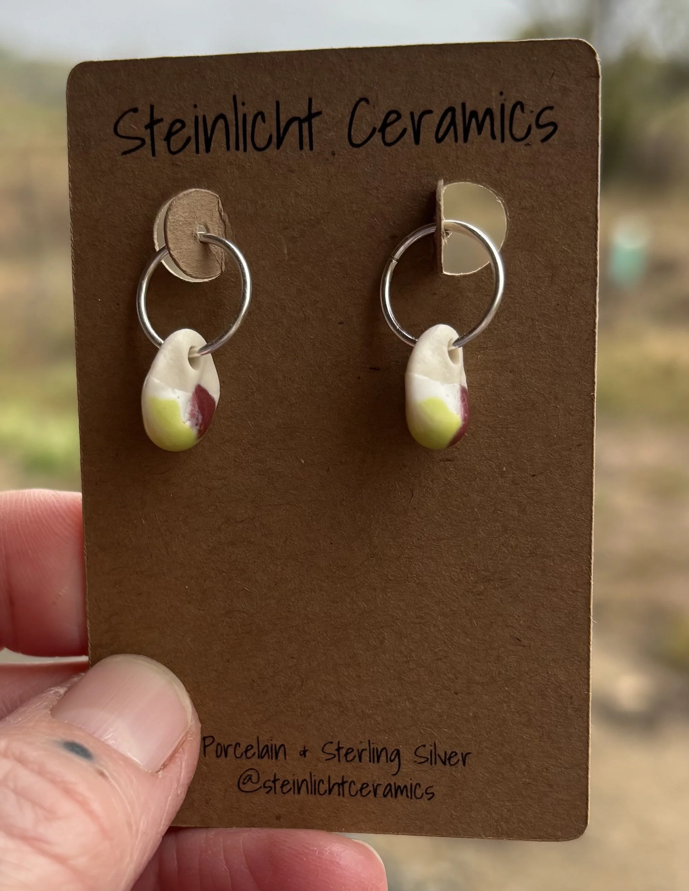 Porcelain Leaf Earring With White, Chartreuse & Mulberry Glazes