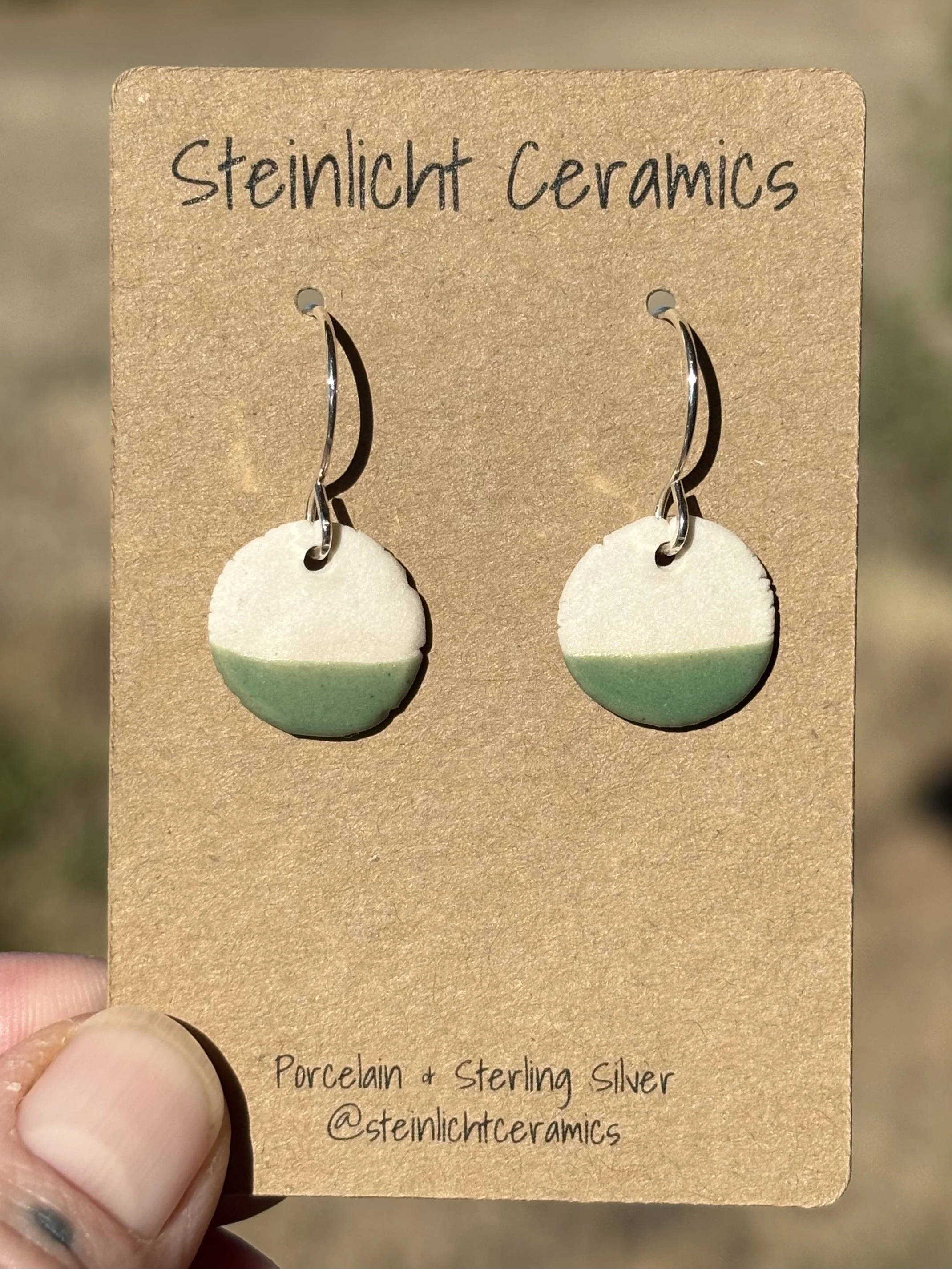 Small Round Porcelain Earrings with Evergreen Glaze