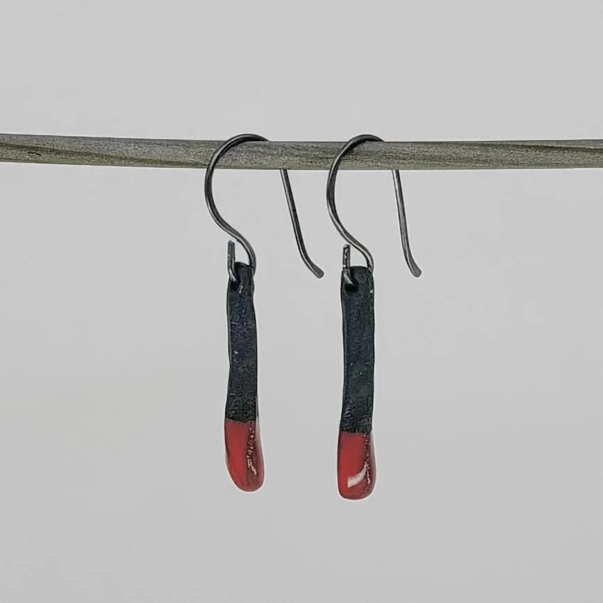 Black Porcelain Feather Earrings w/Red Glaze