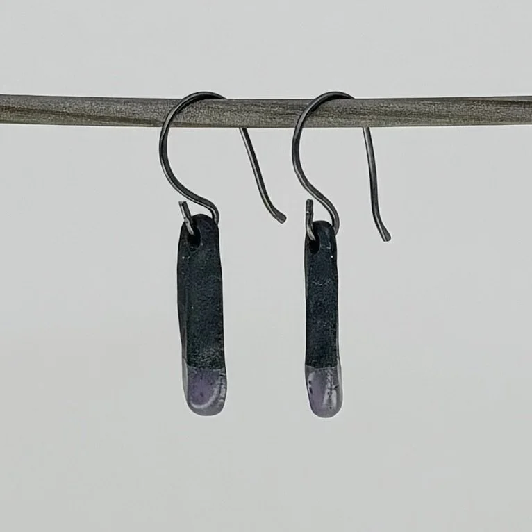 Black Porcelain Feather Earrings w/Lavender Glaze