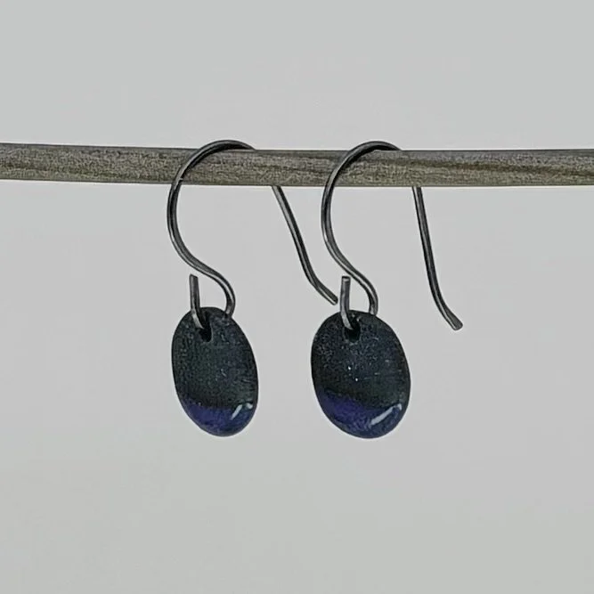 Black Porcelain Round Earrings w/Royal Blue Glaze
