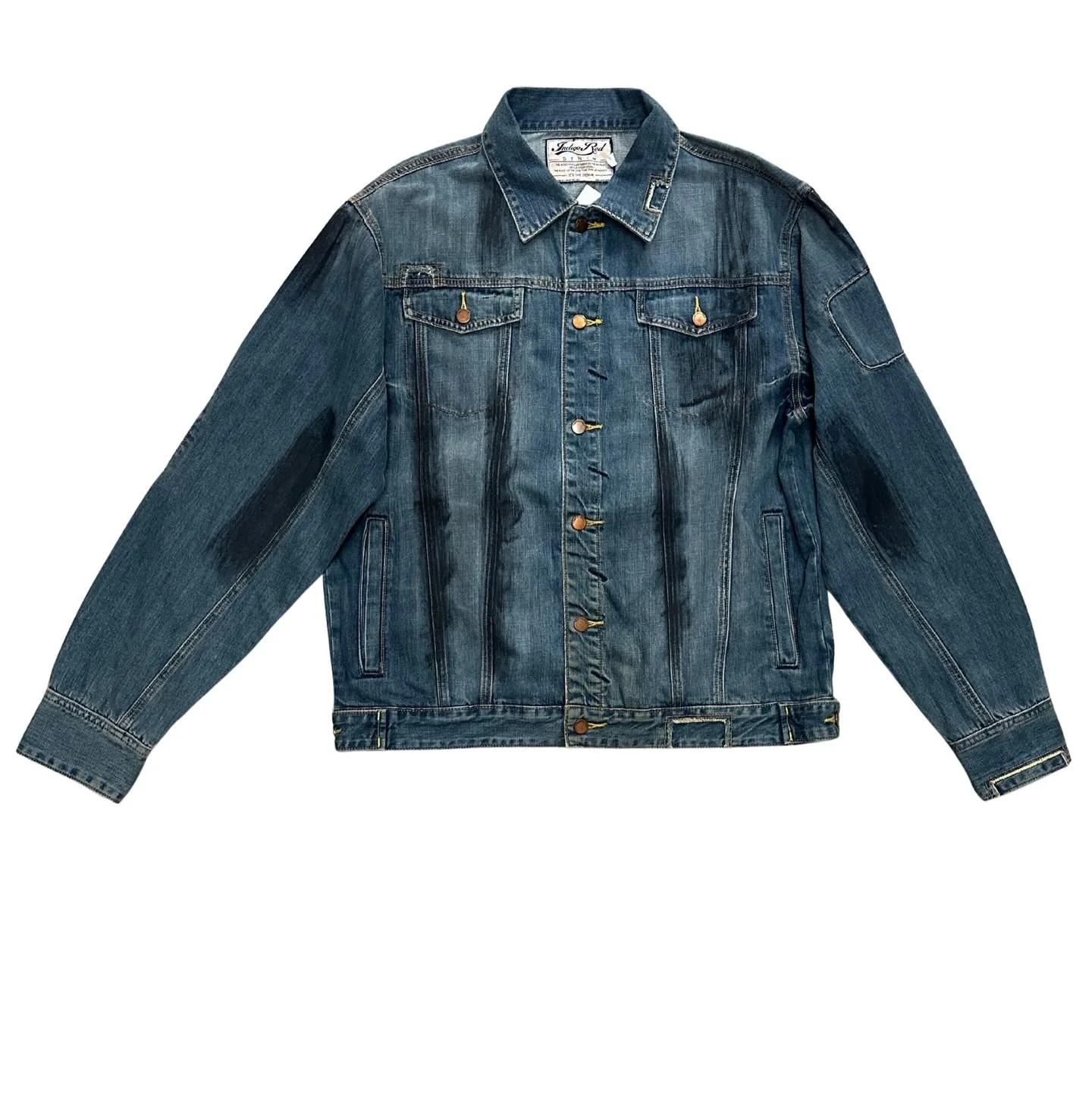 Y2K Indigo Red Brush Stroke Dark Wash Denim Jacket / best details ever / size 1x ✌️✨