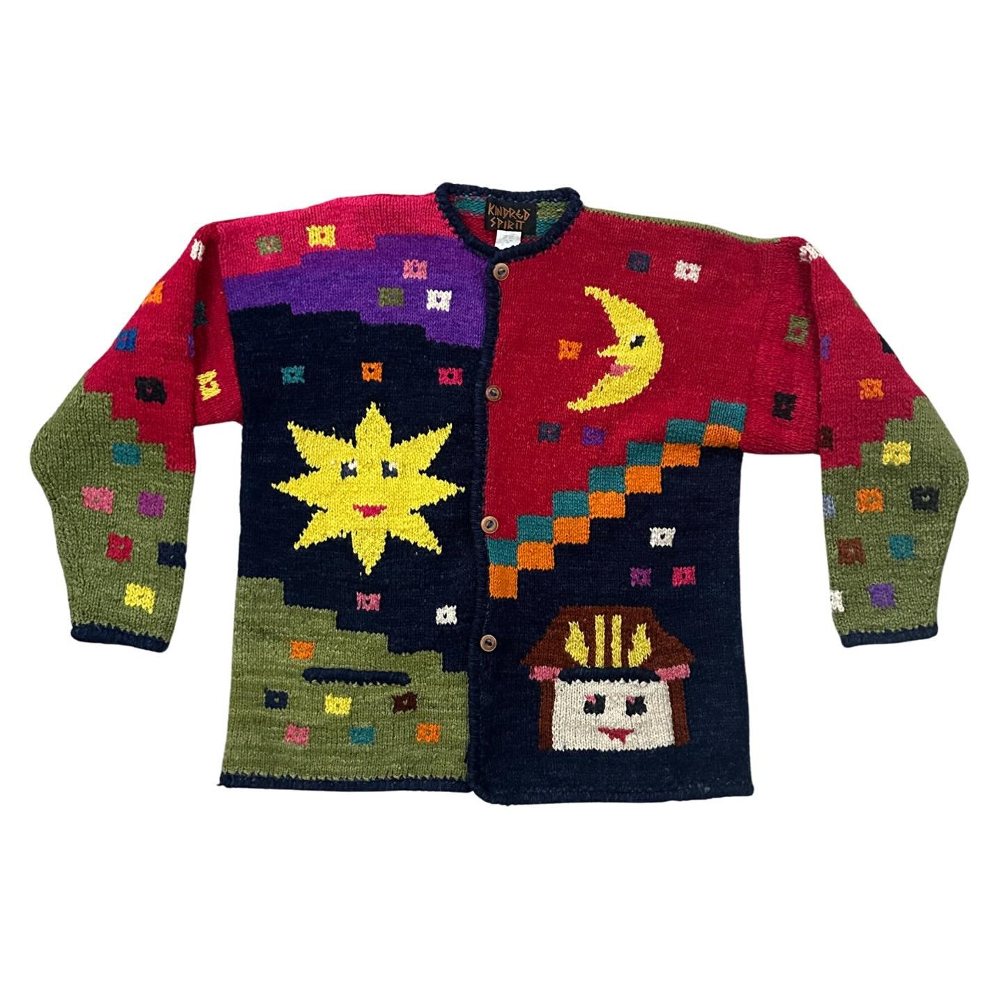 This sweater is too good not to share. We don&rsquo;t care that it&rsquo;s hot out. Rare crazy house chunky knit from Kindred Spirit in a size small.