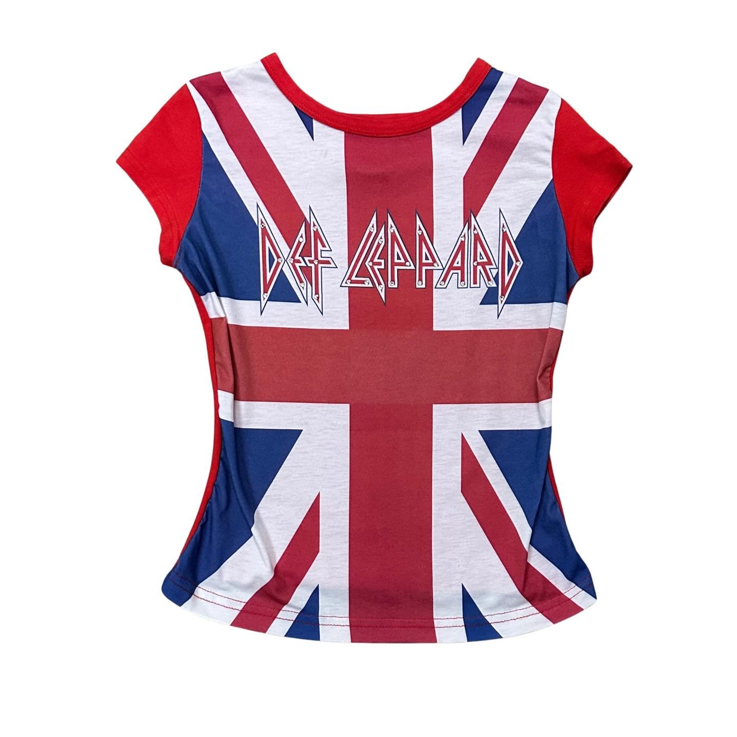 Def Leppard 1990s Union Jack baby tee, with rhinestones, compliments of my Tia. We have a bunch of Def Leppard tour tees now in stock at the shop as well if that&rsquo;s your thing, this is your heads up!