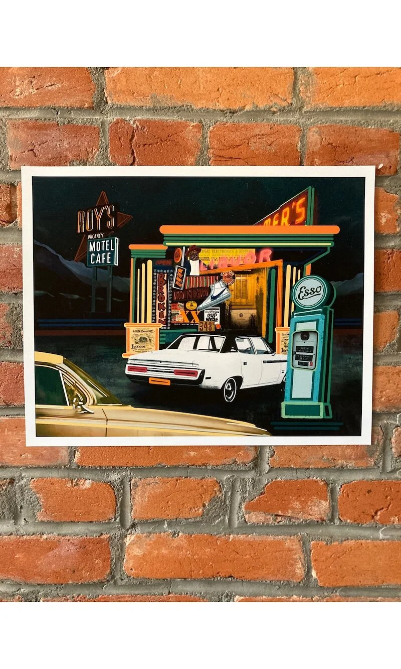 Neon Convenience art print by Daniel Hargrove: classic cars, a neon-lit roadside shop, motel signs, and a vintage gas pump.