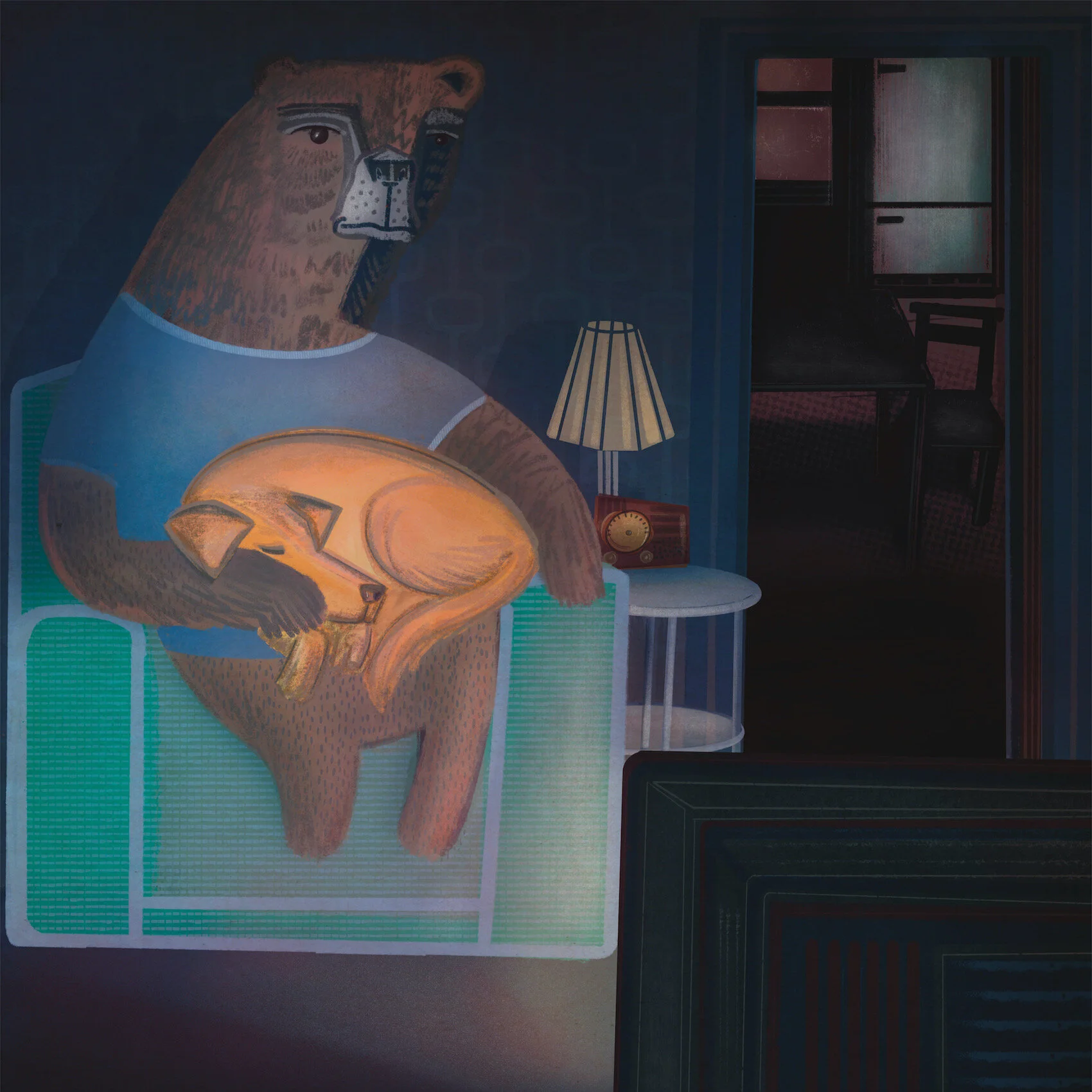 A bear holding a sleeping dog in an armchair beside a lamp and radio.