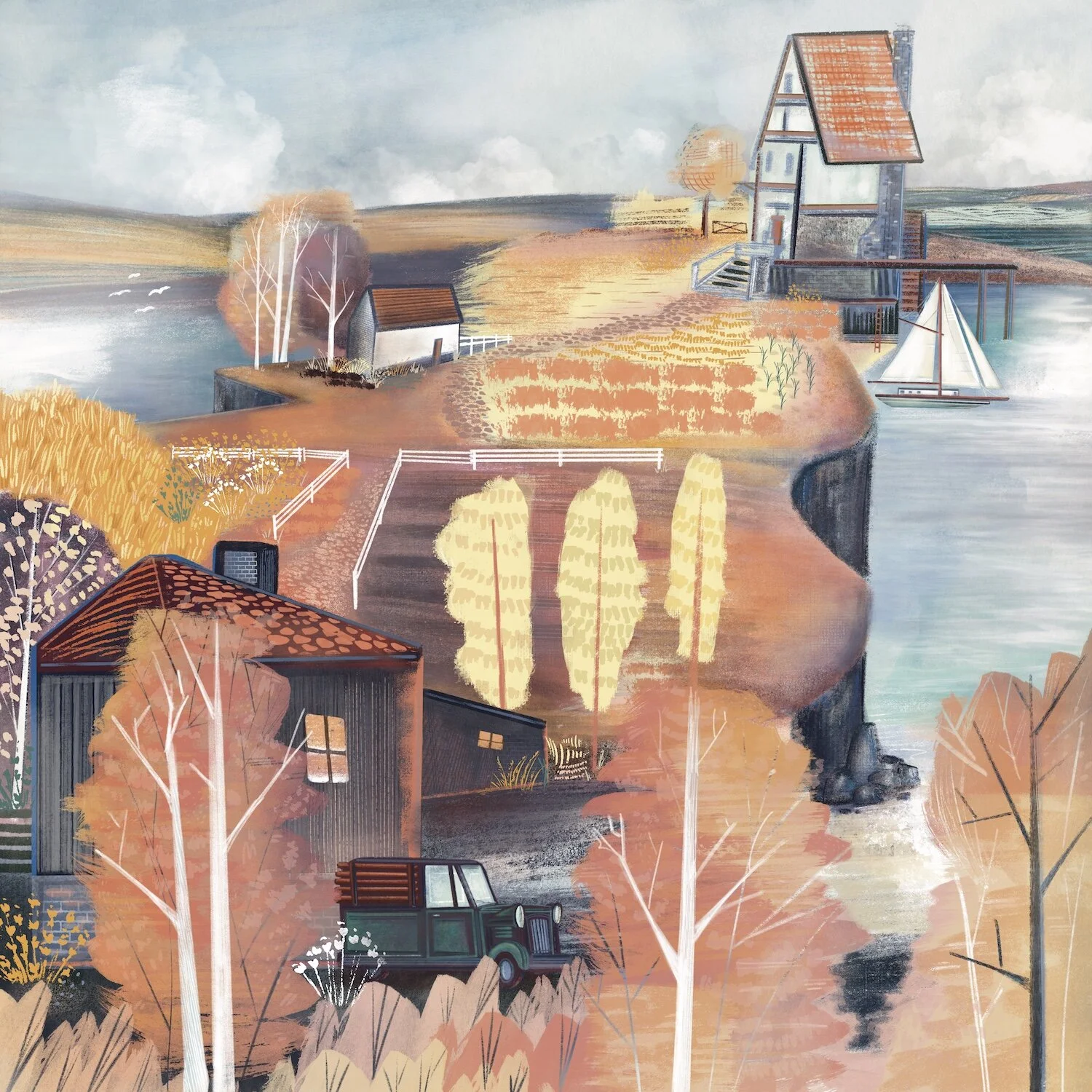 Ochre buildings, signs, and overlapping architectural shapes.