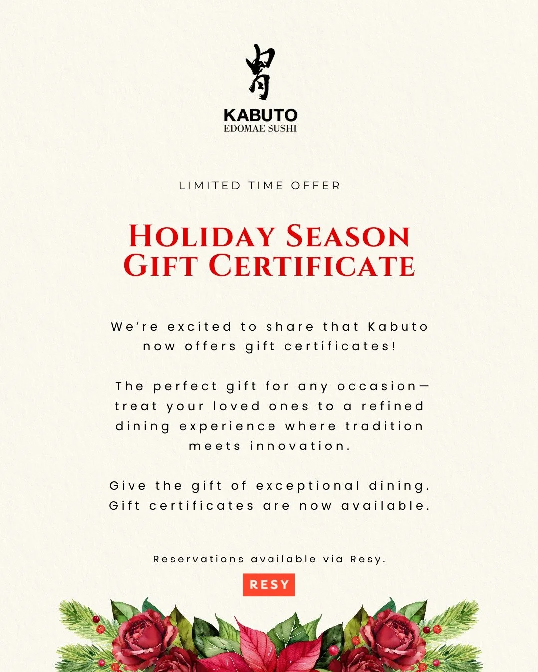 Give the gift of a memorable dining experience this holiday season with our exclusive gift certificates. Perfect for any occasion! 🎁🍣 #KabutoSushi #GiftIdeas
