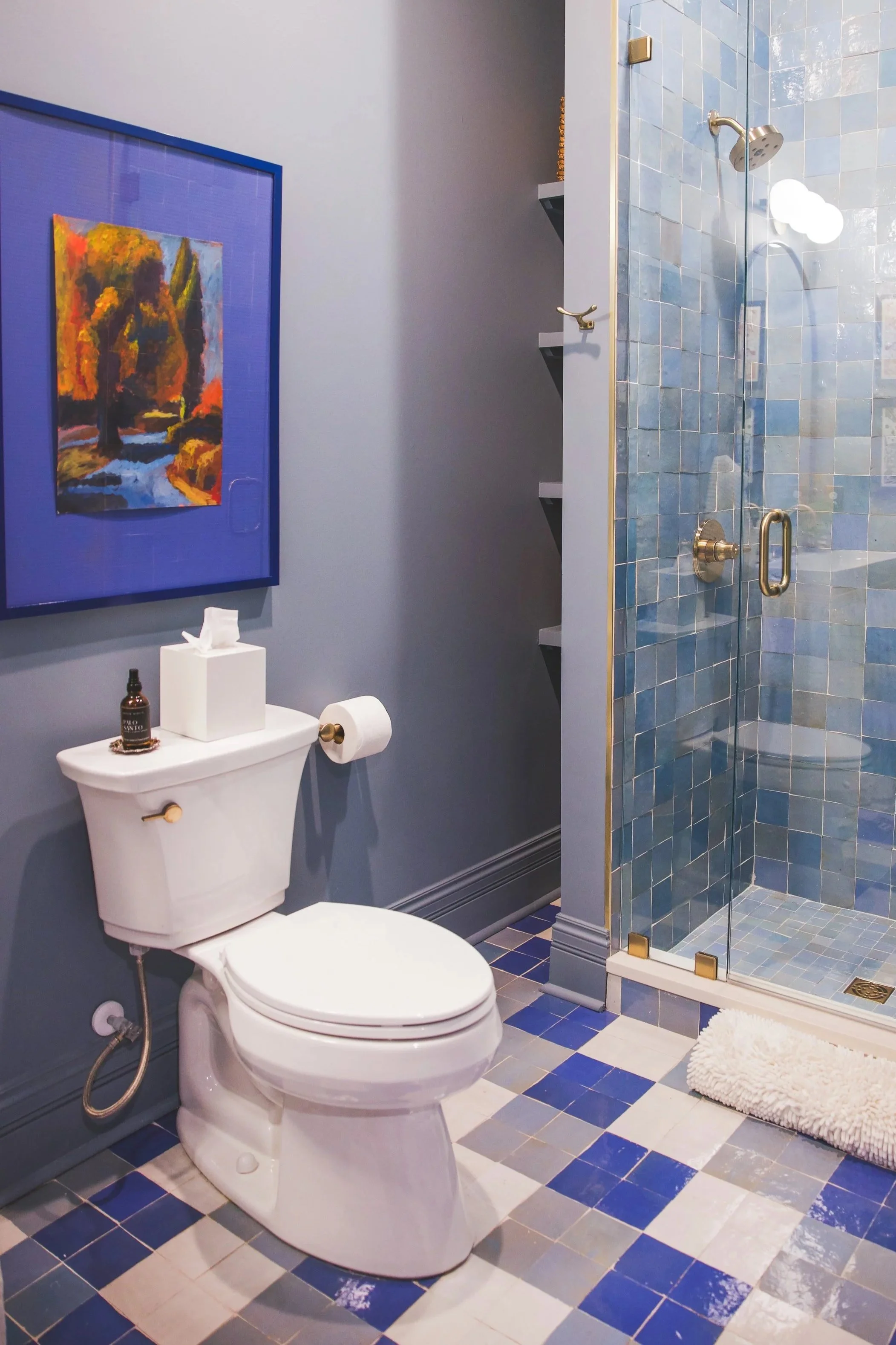 A bathroom with a white toilet, a tissue box, a small perfume bottle, and a toilet paper roll on top of the toilet tank. There is a toilet with a bidet hose attached. A framed painting of a landscape with trees and a stream hangs on the wall above th