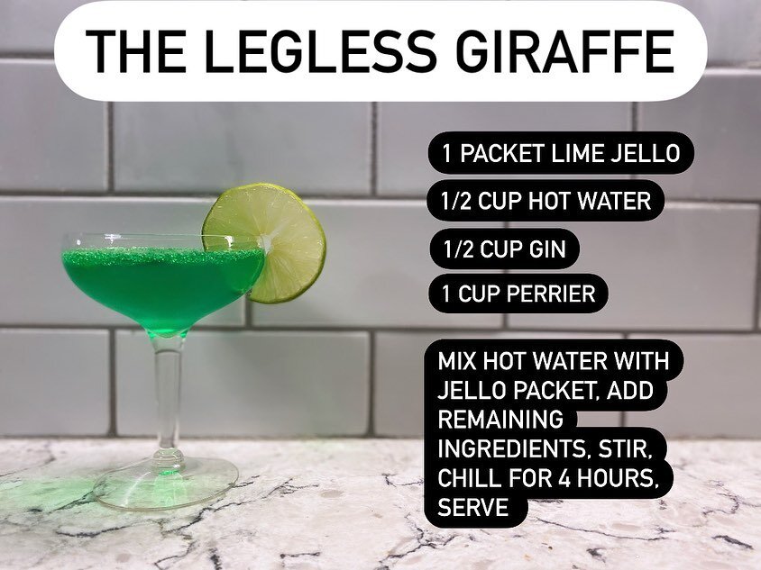 🦒Museum Camp Cocktails🦒

This week&rsquo;s recipe is all about the Jello Gallery and Museum! This fizzy gin cocktail honestly was too smooth when mixed with lime jello. We had to give a shout-out to our Legless, long-neck pal that is at this museum
