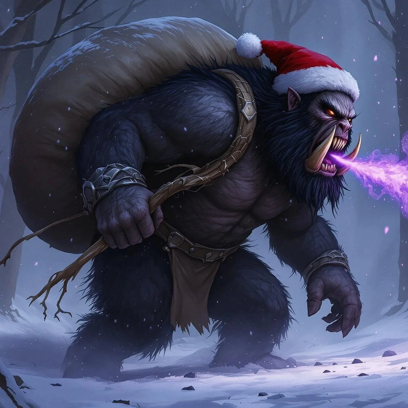 A large, muscular, anthropomorphic black bear with a fierce expression, dressed as Santa Claus in a red suit with white trim, a Santa hat, and carrying a brown leather bag, standing outdoors on a snowy landscape with pine trees in the background.