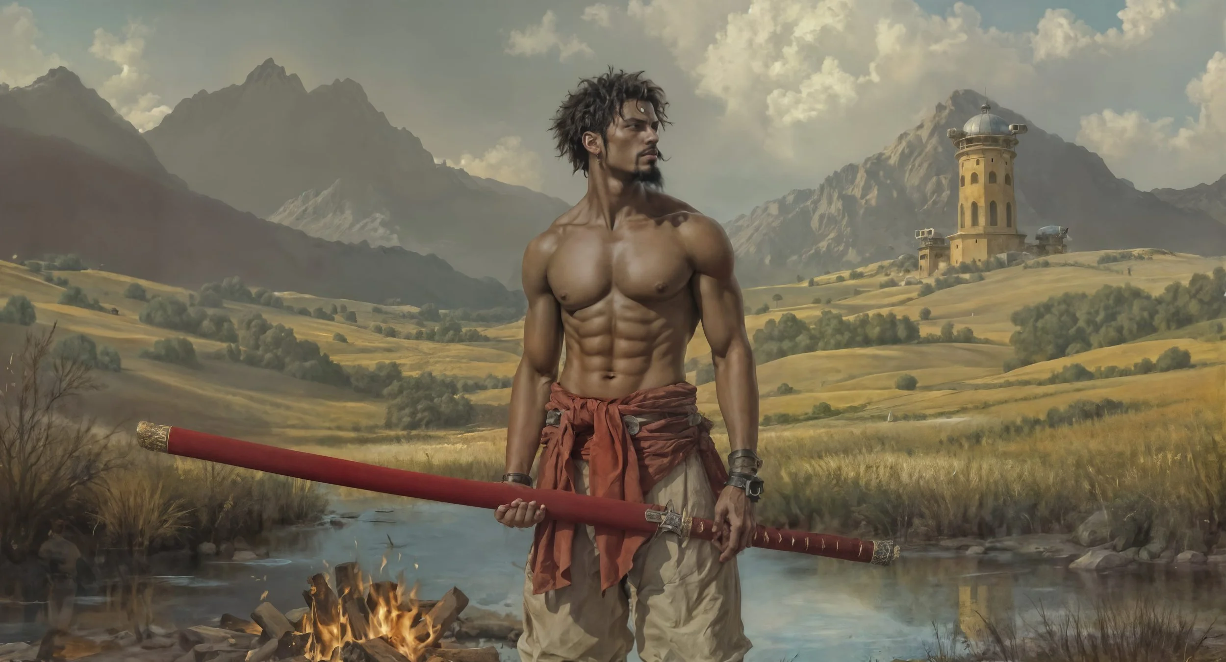 A muscular man with dreadlocks and a goatee standing by a campfire holding a long staff, set in a scenic landscape with mountains, rolling hills, a river, and a tower in the background.