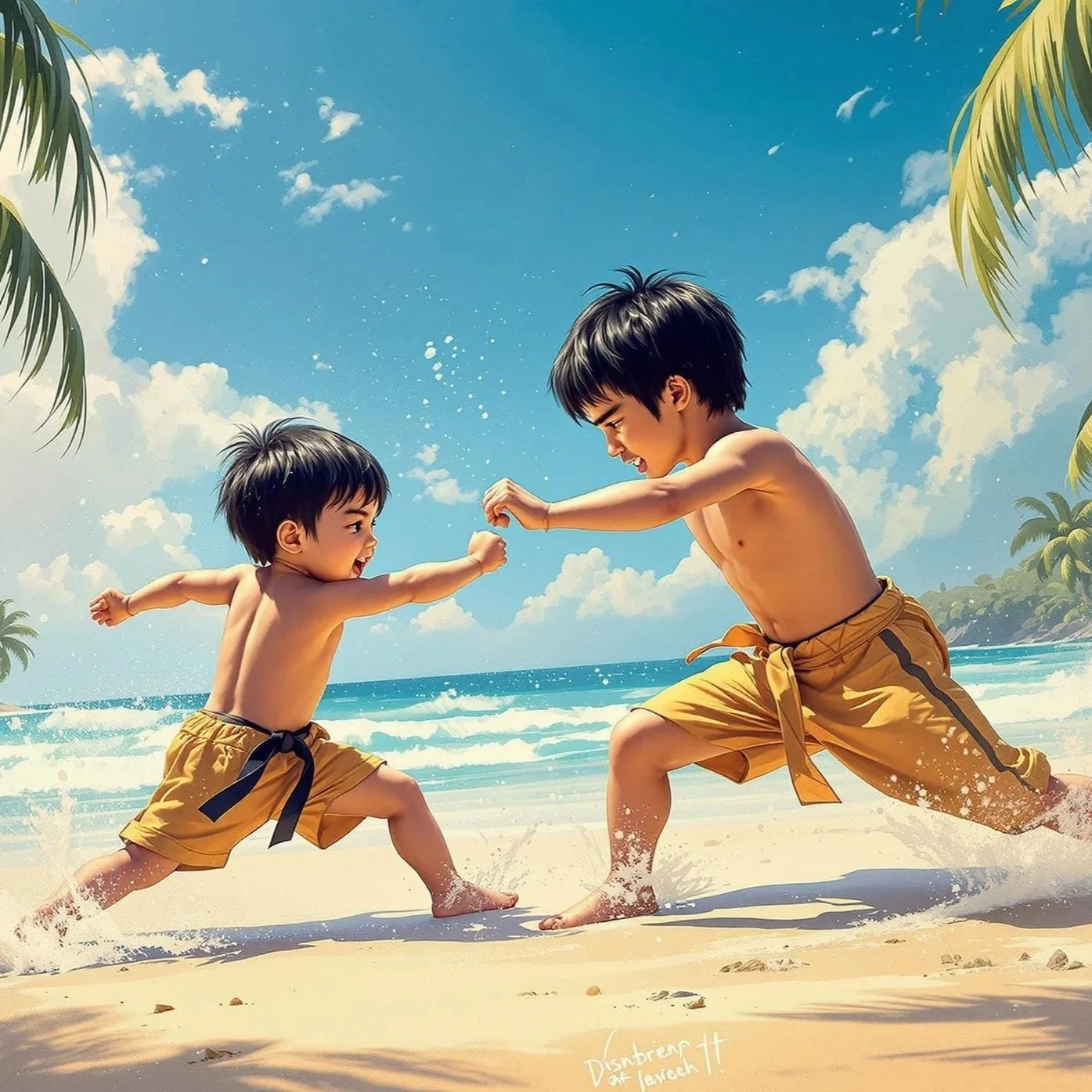 Two children fighting on the beach during sunset