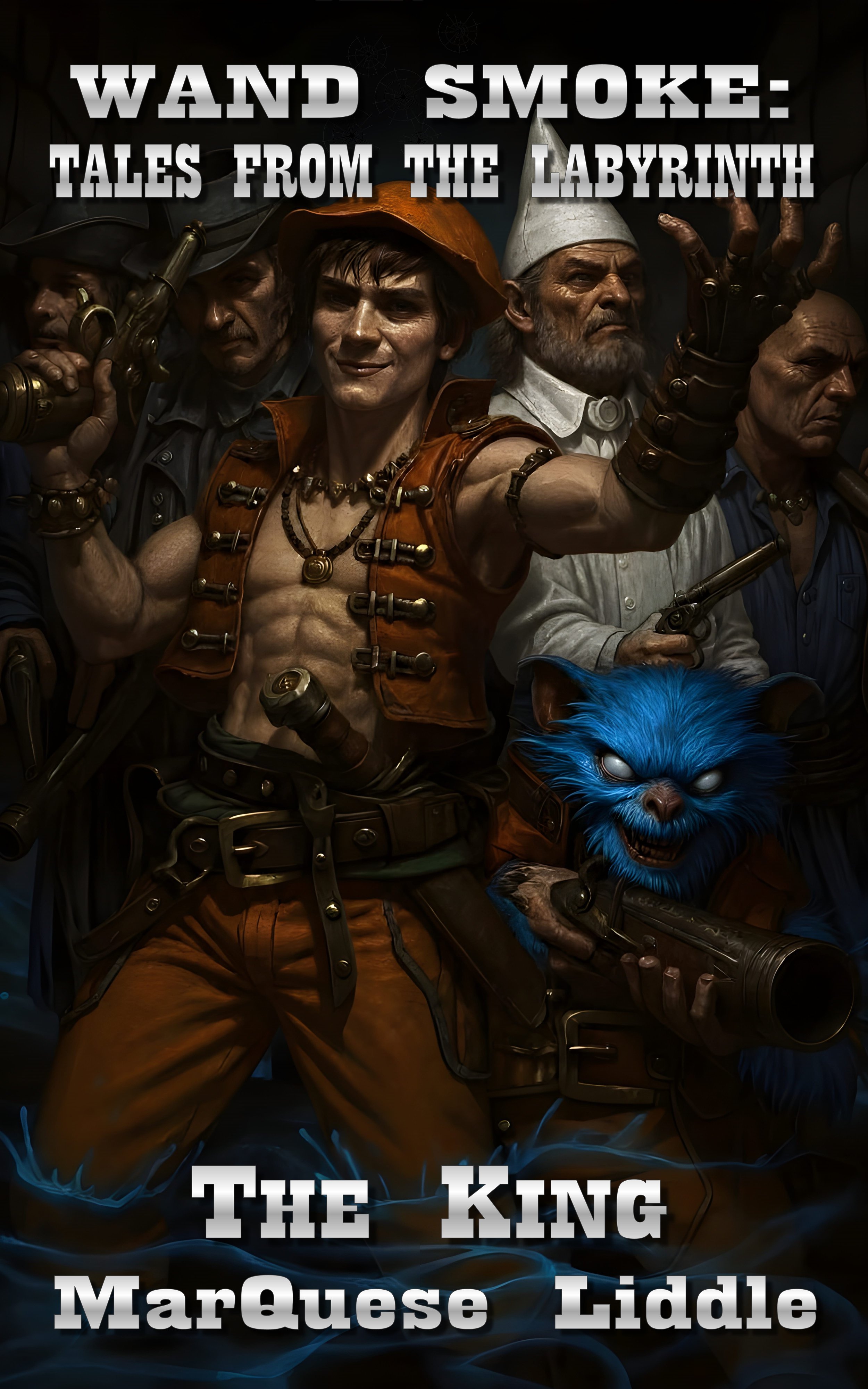 A fantasy-themed artwork featuring a green demon with horns, a muscular build, and a red cloth around its waist, sitting by water. Behind the demon, three women with long hair, dressed in beige, are seen behind prison bars. The scene is dark and mystical, with a title at the top reading "WAND SMOKE: TALES FROM THE LABYRINTH" and at the bottom, the words "Demons" and "MarQuesE Liddle."