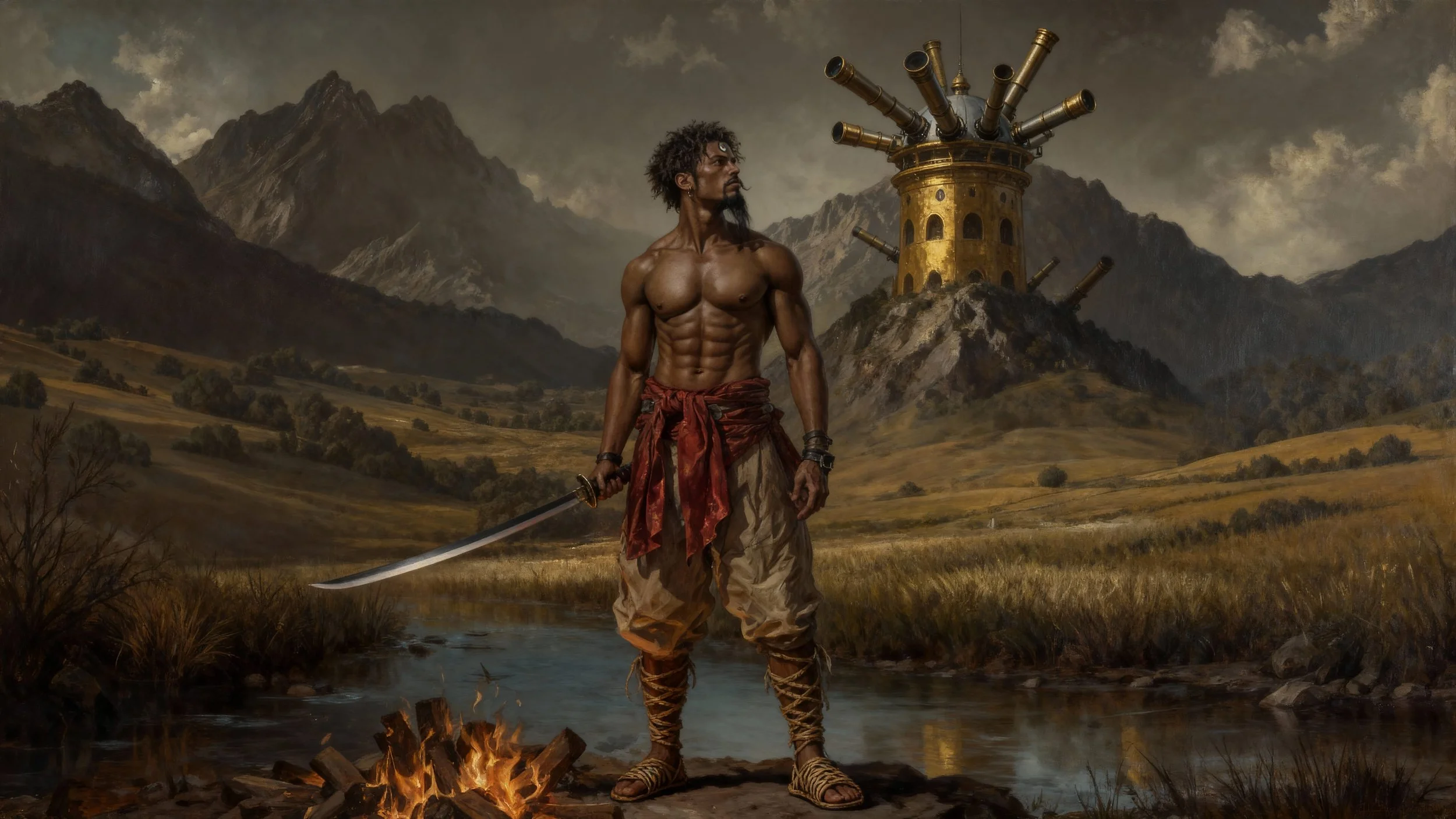 A muscular man with dreadlocks and a goatee standing by a campfire holding a long staff, set in a scenic landscape with mountains, rolling hills, a river, and a tower in the background.