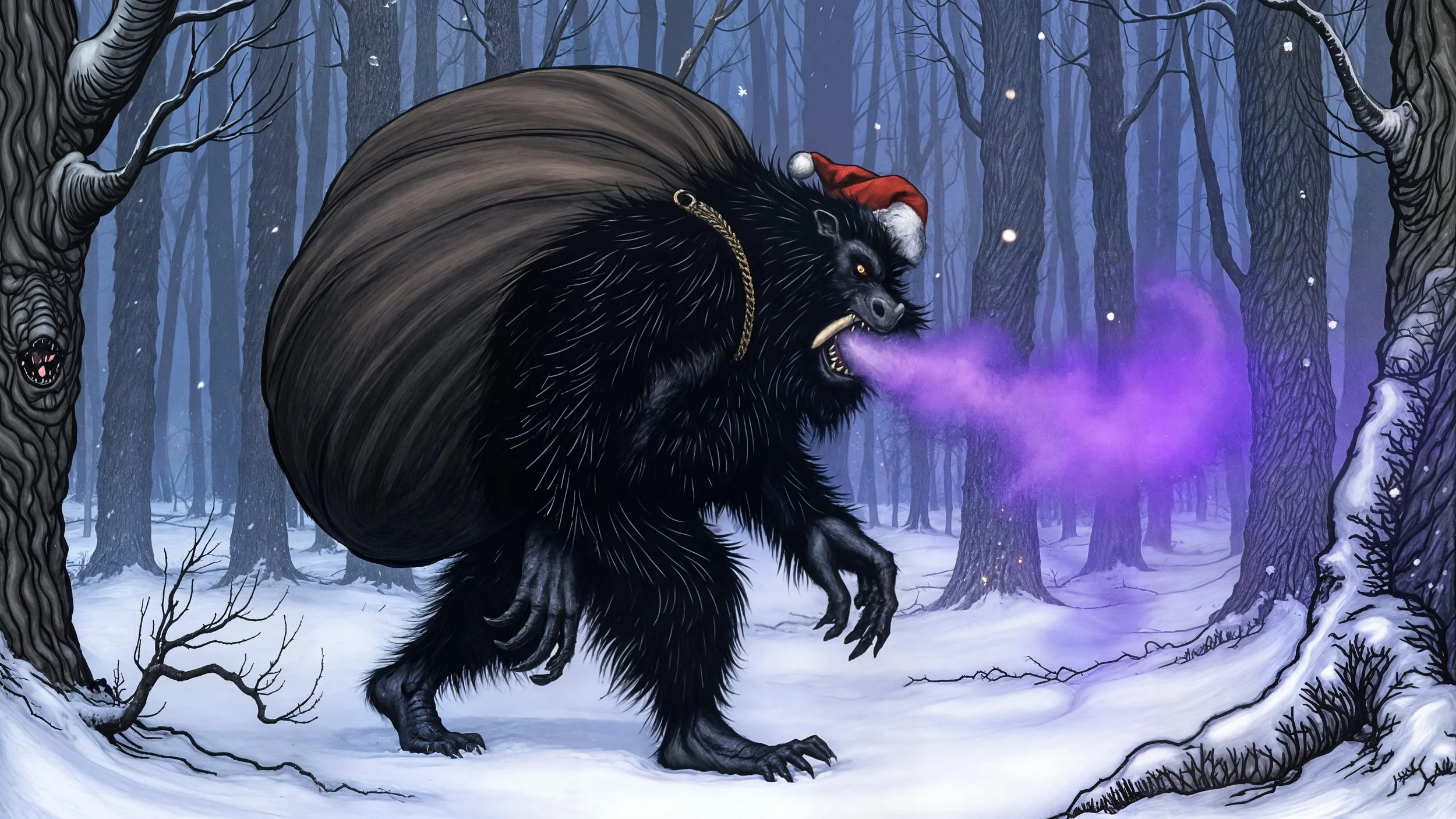 A large, muscular, anthropomorphic black bear with a fierce expression, dressed as Santa Claus in a red suit with white trim, a Santa hat, and carrying a brown leather bag, standing outdoors on a snowy landscape with pine trees in the background.