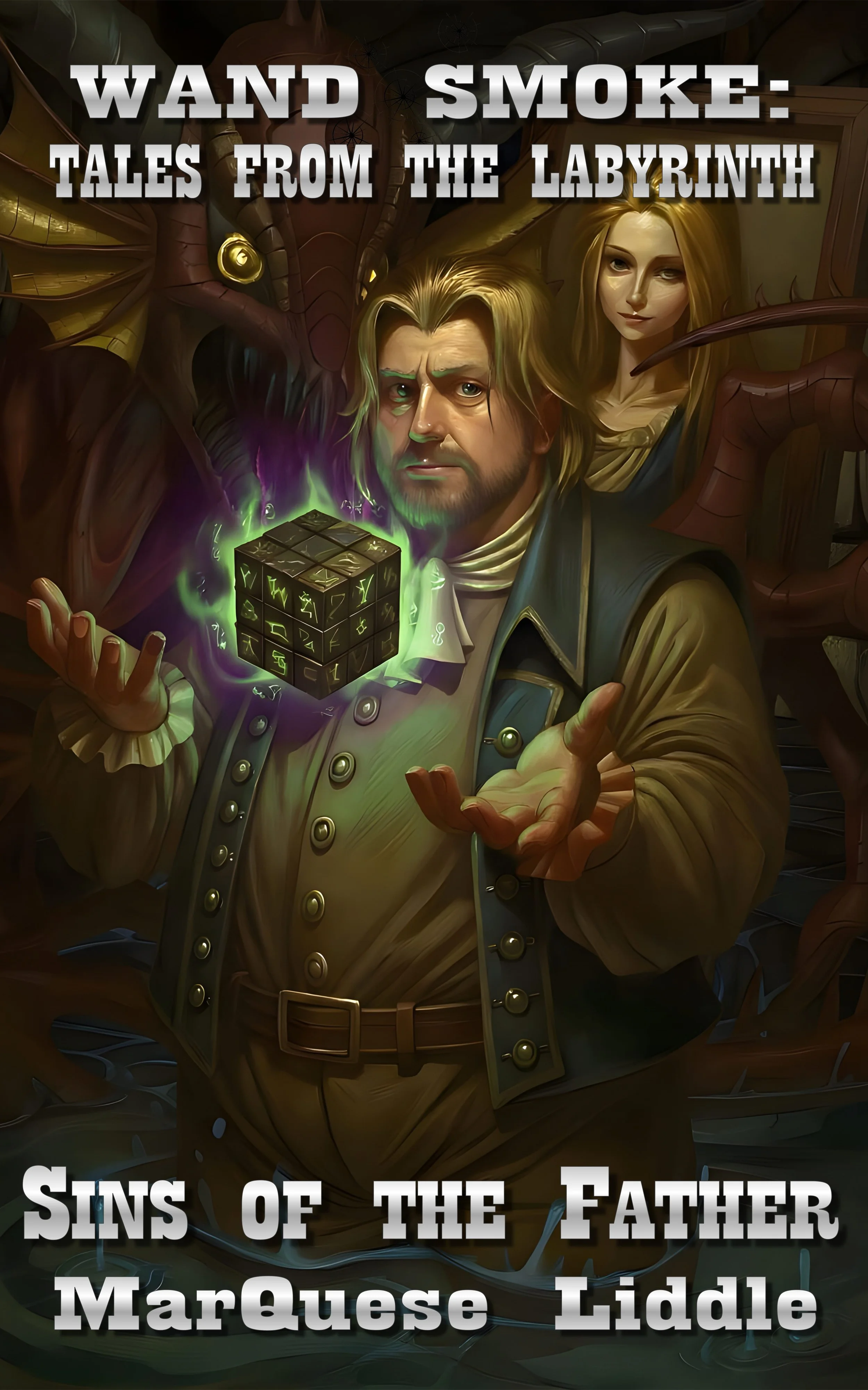 A fantasy-style illustration featuring a man with long blond hair and a beard in medieval clothing, holding a glowing cube, with a dragon and a woman with long blond hair behind him, and text reading 'Wand Smoke: Tales from the Labyrinth Sins of the Father MarQues Liddle'.
