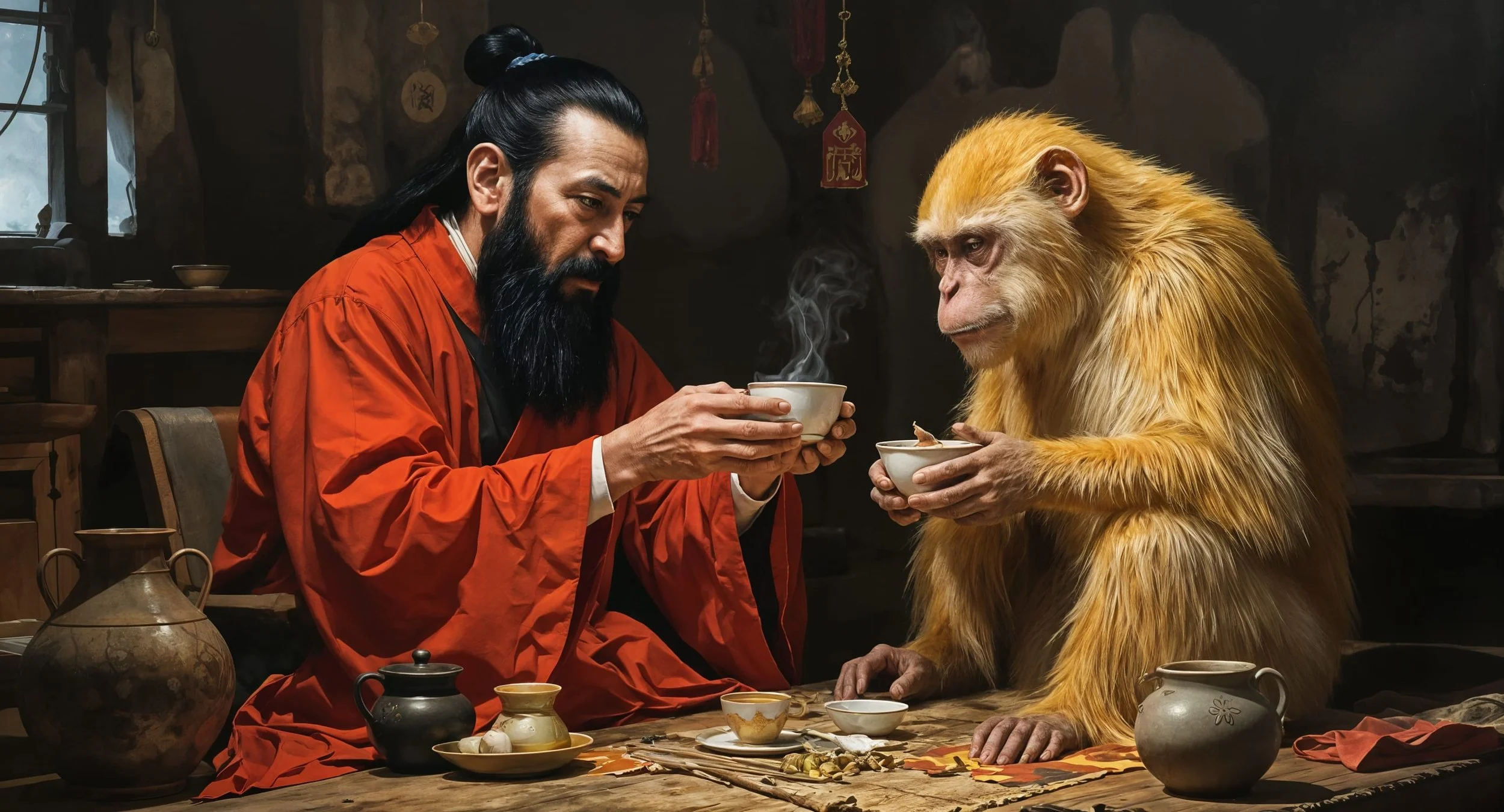 An elderly man with a long black beard and traditional Chinese clothing sitting at a table, pouring tea for a chimpanzee, in a traditional Chinese interior. There is a woman in the background outside the window, and Chinese calligraphy on the wall.