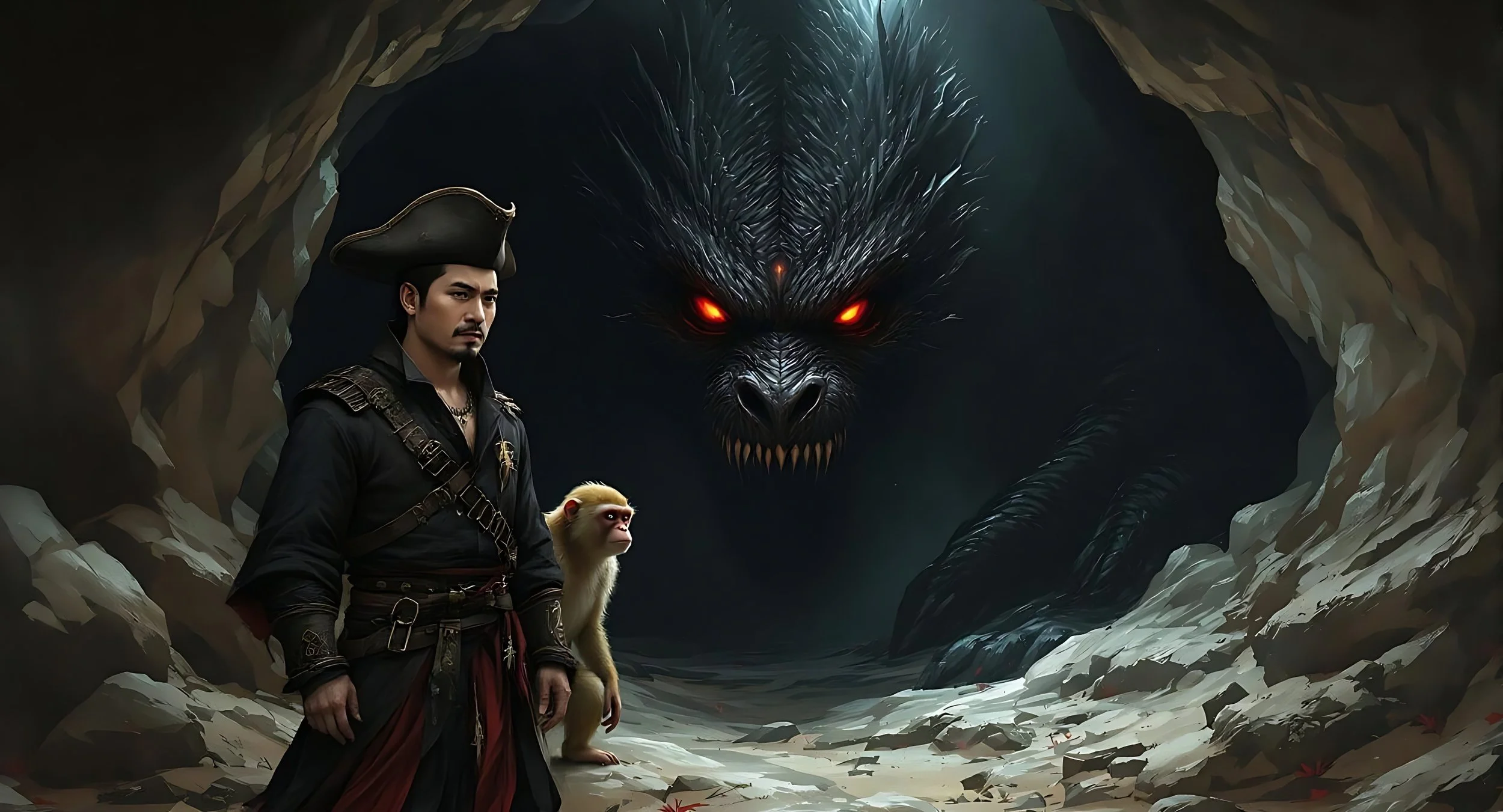 Digital art of a man dressed as a pirate with a stern expression, wearing a large black hat with gold trim, and a white monkey with red markings on its face, sitting beside him.