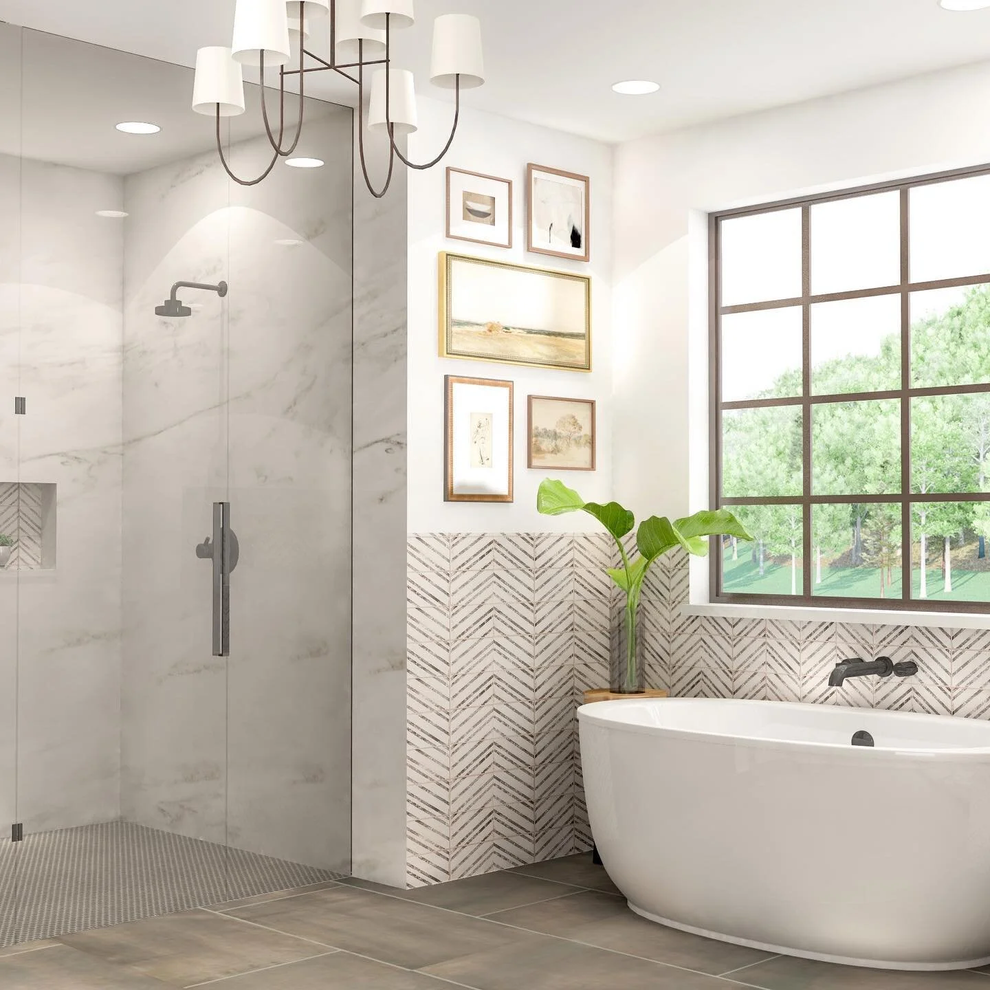 We are almost halfway through our road trip east! Loving the adventure, but also excited to settle into life in the Hampton Roads. 

This 3D rendering of a master bathroom design concept shows one of several techniques I use to help clients visualize