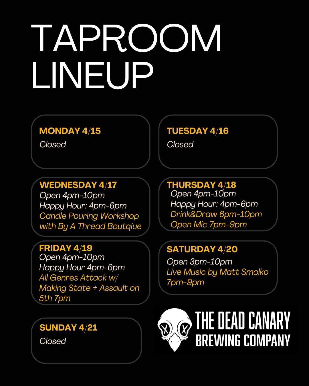 The weekly lineup has arrived and BOY it is a stacked week! 

Wednesday: By A Thread joins us in the taproom at 6:30pm for a BEER THEMED candle pouring workshop! Purchase your tickets through their website: https://byathreadboutique.com/products/dead