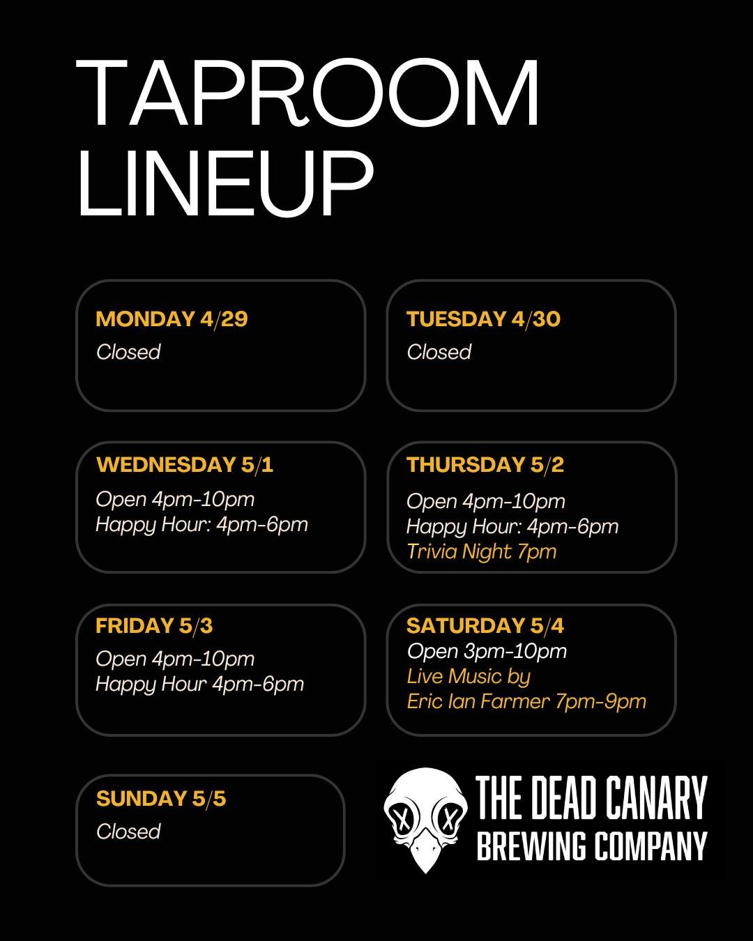 The weekly lineup has arrived! Join us in ringing in the month of May with Trivia on Thursday followed by live music by Eric Ian Farmer on Saturday! We'll also be running some Cinco de Mayo specials, so make sure you keep an eye out for those 👀 #cra