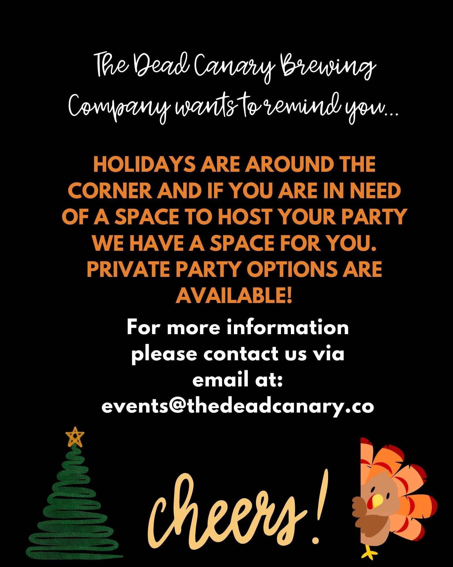 🎄✨ The holidays are near! ✨🎄

Don&rsquo;t forget about The Dead Canary Brewing Co. when planning your next holiday party &mdash; we&rsquo;ve got a unique space with a one-of-a-kind vibe perfect for celebrating the season. 🍻
Reach out to book your 