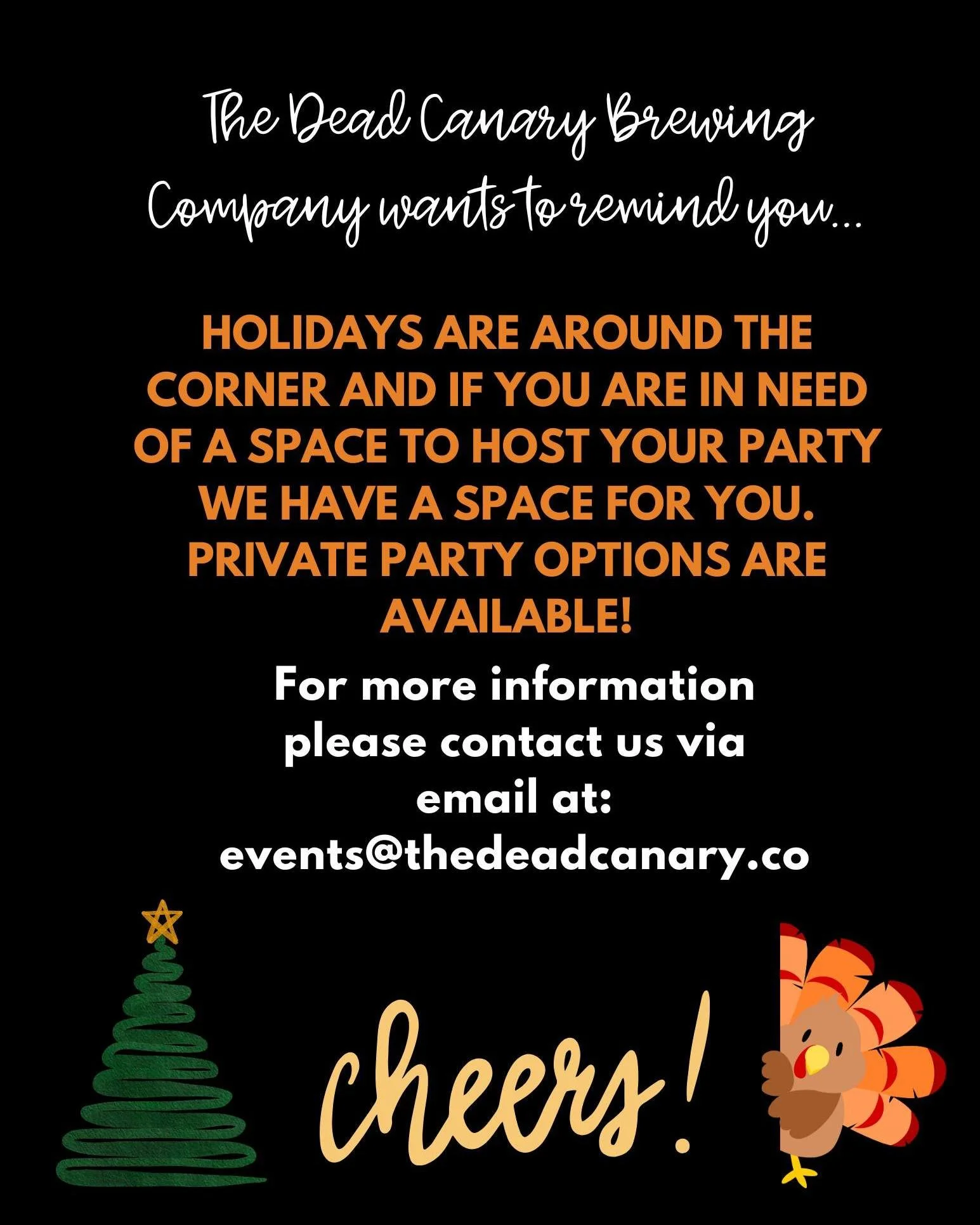 🎄✨ The holidays are near! ✨🎄

Don&rsquo;t forget about The Dead Canary Brewing Co. when planning your next holiday party &mdash; we&rsquo;ve got a unique space with a one-of-a-kind vibe perfect for celebrating the season. 🍻

Reach out to book your