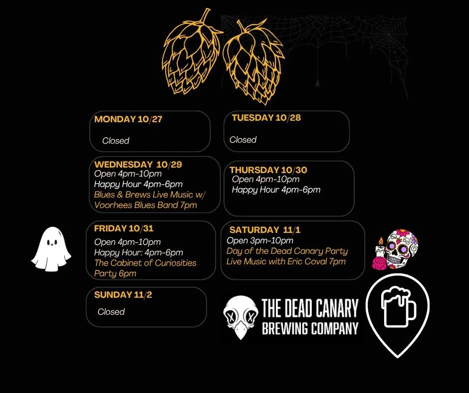 🍻🎃 New Week at The Dead Canary Brewing Company! 🎃🍻

We&rsquo;ve got another exciting lineup in the taproom &mdash; here are this week&rsquo;s hours + events:

💙 Blues Night &ndash; Smooth tunes to start your week off right.
👻 Halloween Party &n