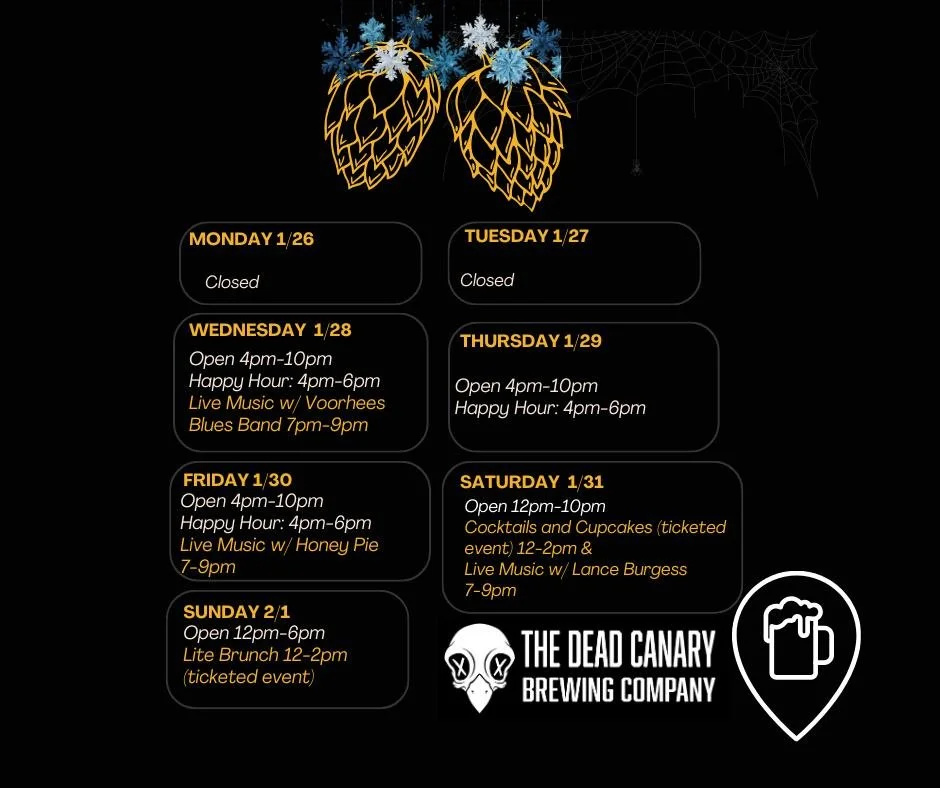 🎉🍻 Lots of fun happening this week at The Dead Canary Brewing Co.!
Check out the graphic for our hours and events and make plans to stop by.

#PhilipsburgPA #LongLiveTheDeadCanary #BreweryEvents #DrinkLocal #TaproomVibes