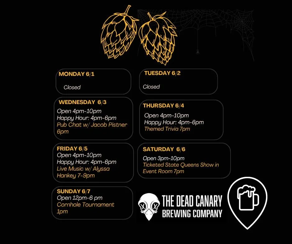☀️✨ Happy first week of June! ✨☀️

We&rsquo;ve got another full week of fun lined up for you at The Dead Canary 🍻🐤

From live music and trivia to special events and more, there&rsquo;s something happening all week long 👀

We can&rsquo;t wait to sp