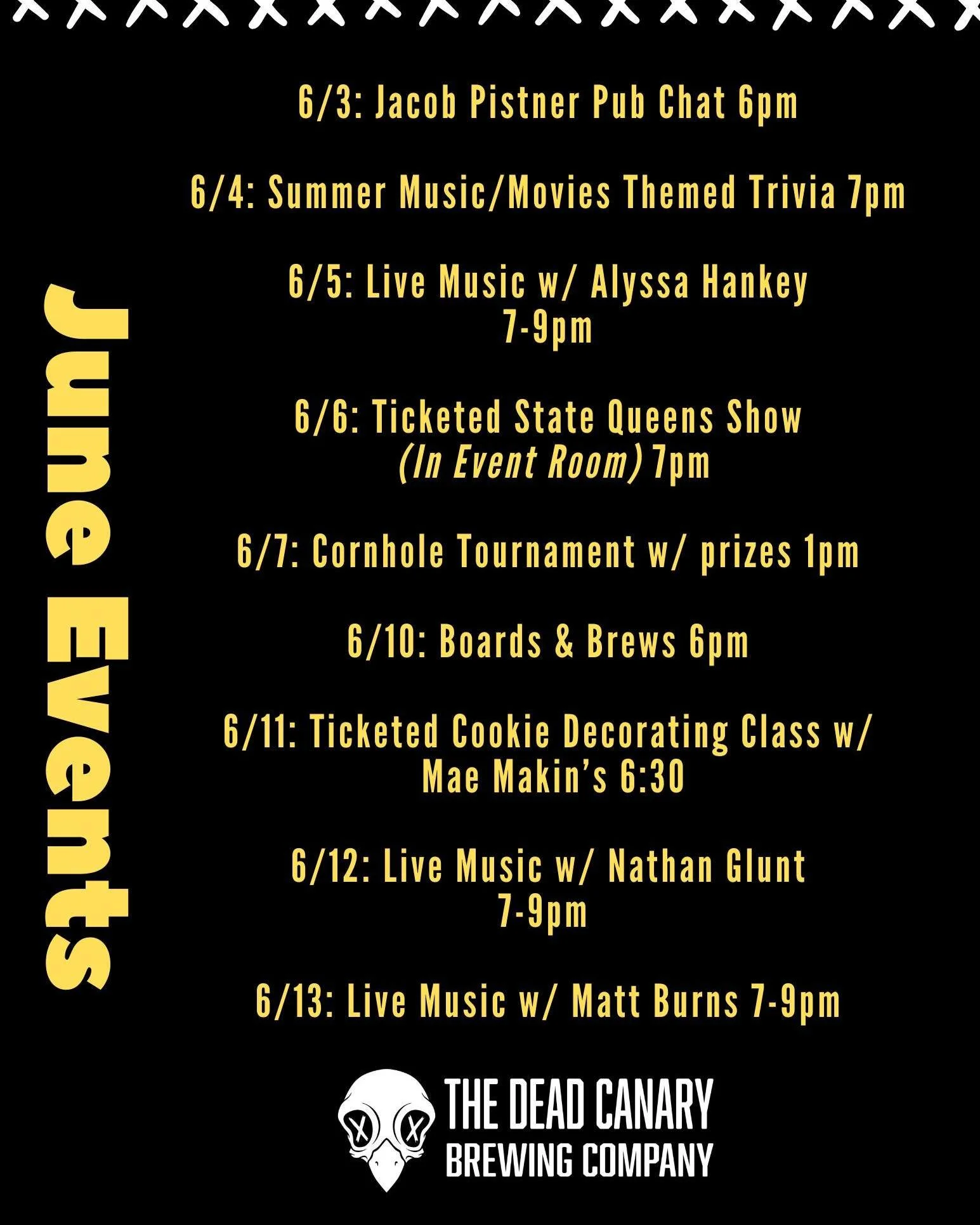 ☀️📅 June events are officially brew-ing at The Dead Canary! 🍻✨

Take a screenshot, mark your calendars, and start planning your month with us 👀🐤

Now tell us&hellip; which event are you most excited for? 👇

#PhilipsburgPA #LongLiveTheDeadCanary 