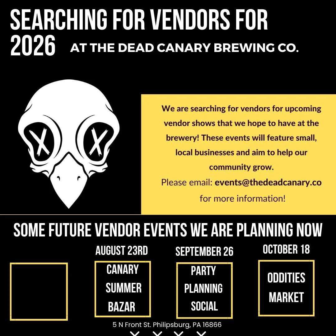 🛍️✨ Calling All Vendors! ✨🛍️

We&rsquo;re still looking for vendors for our next three upcoming shows at The Dead Canary 🐤🍻

If you sell handmade goods, crafts, specialty products, or offer a service that would be a great fit for our events, we&r