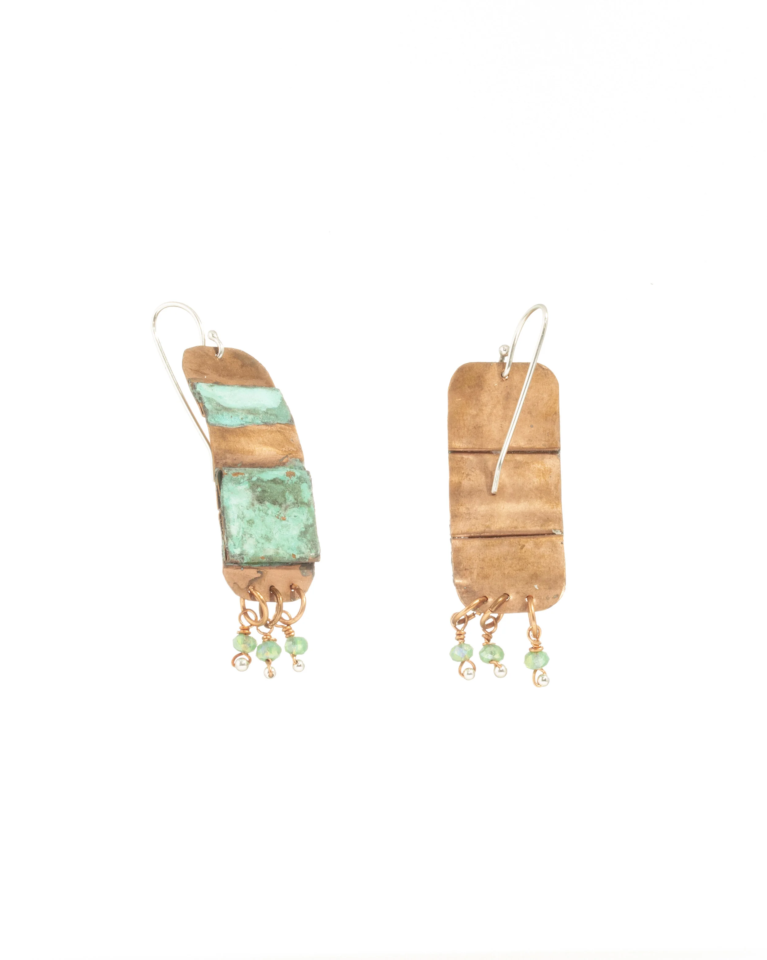 Hammered copper and chrysocolla beaded earrings with turquoise patina on sterling silver earwires.