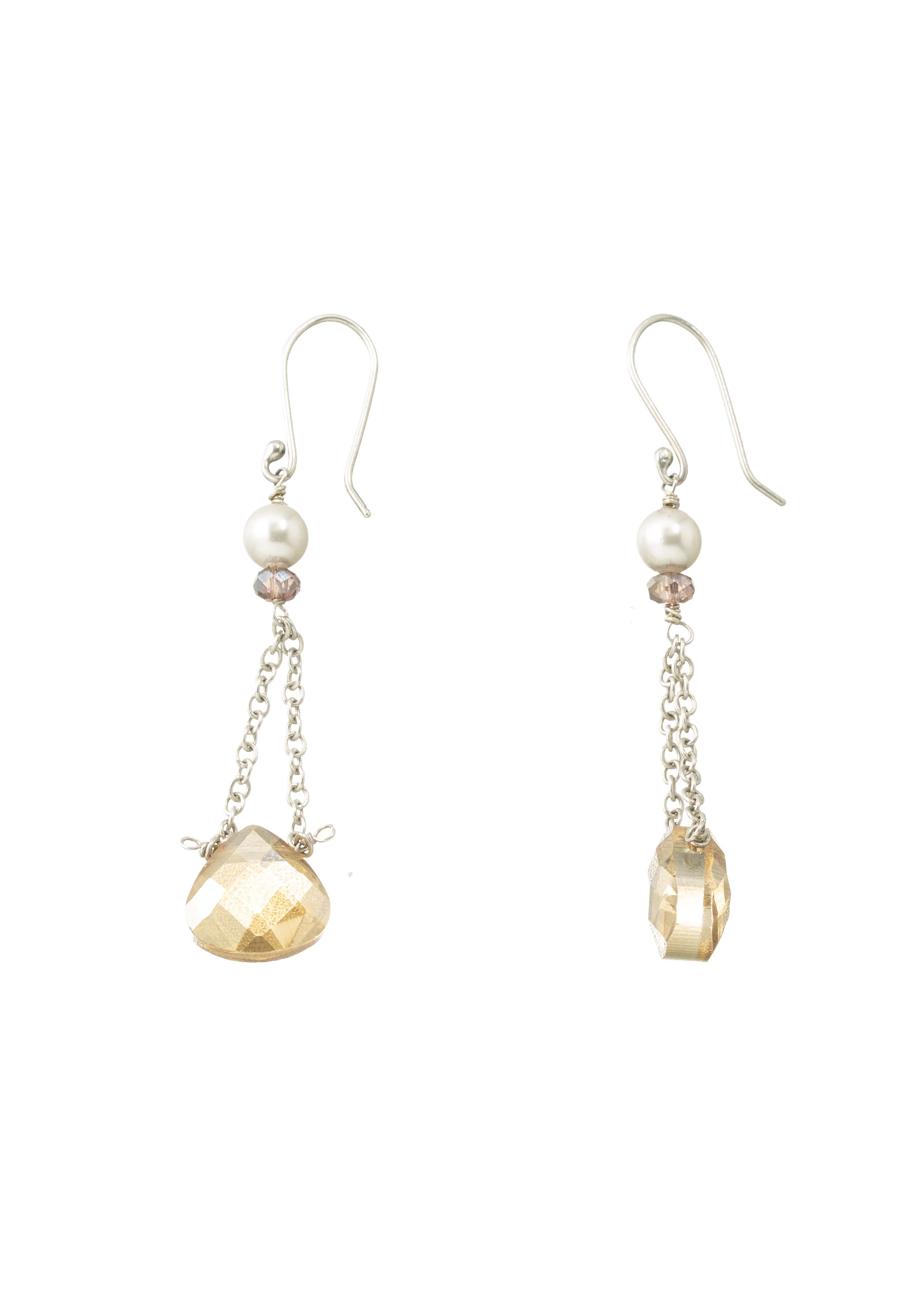 Crystal beads dangling from freshwater pearls on sterling silver earwires.